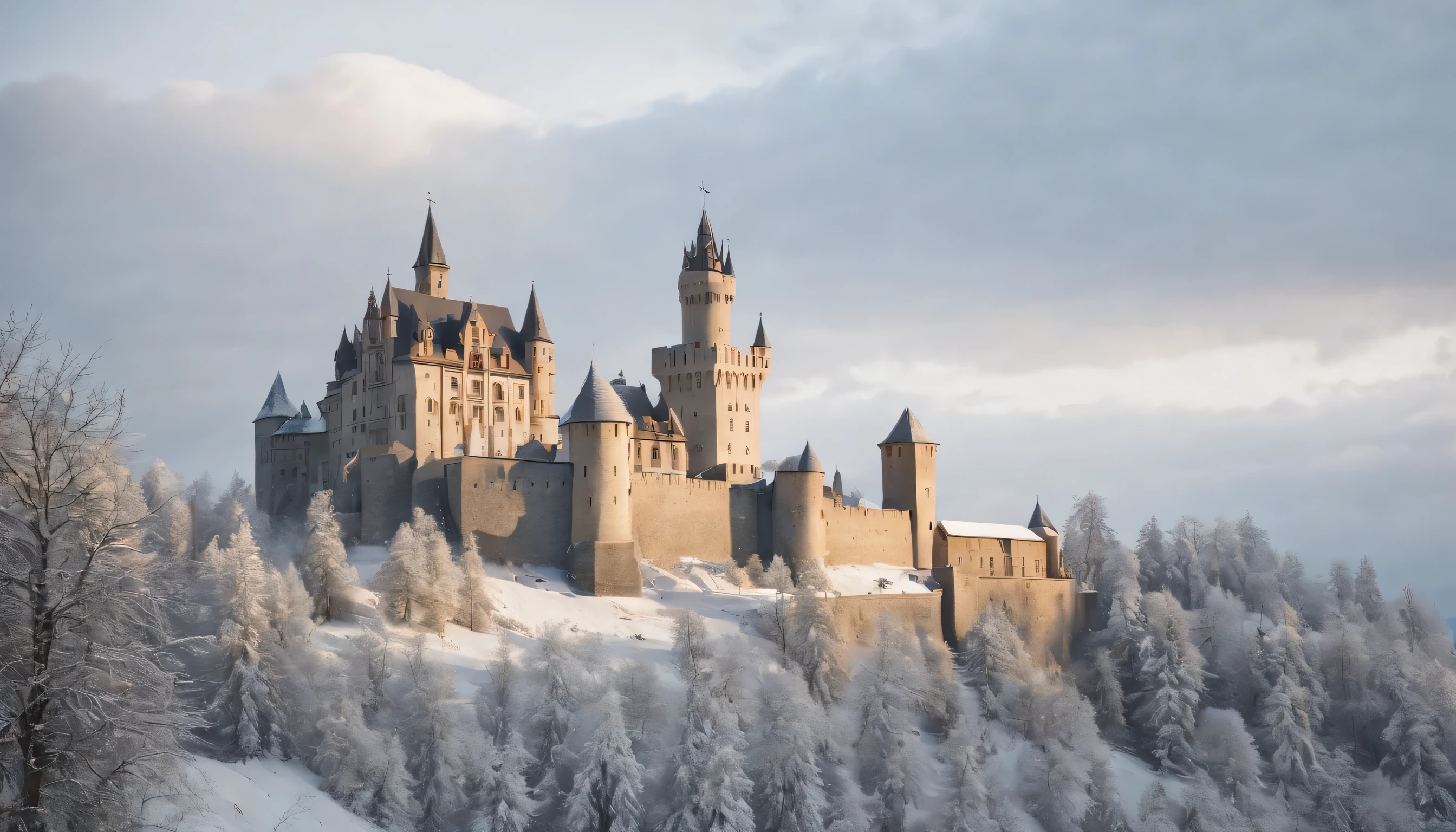 (Highly detailed CG Unity 8K wallpaper、masterpiece、highest quality、Super detailed)、(best lighting、best shadow、very delicate and beautiful)、highest quality、8K、Detailed facial depiction、masterpiece、highest quality、clear image quality、
Photo of medieval castle walls and towers in a snowy landscape