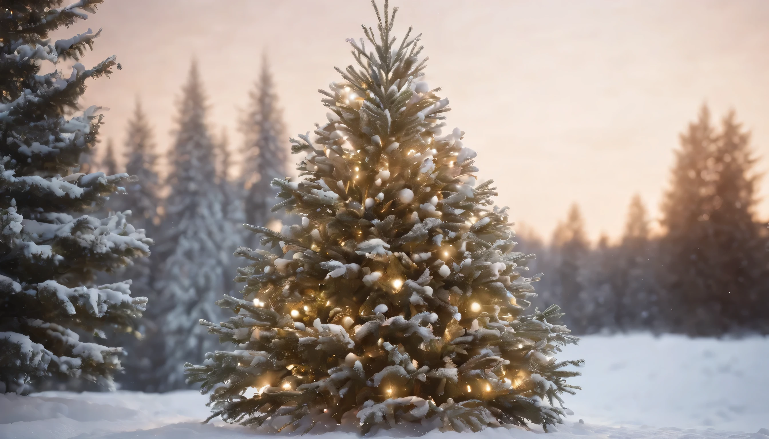 (Highly detailed CG Unity 8K wallpaper、masterpiece、highest quality、Super detailed)、(best lighting、best shadow、very delicate and beautiful)、highest quality、8K、Detailed facial depiction、masterpiece、highest quality、clear image quality、
Photo of a Christmas tree standing in a square covered in snowflakes