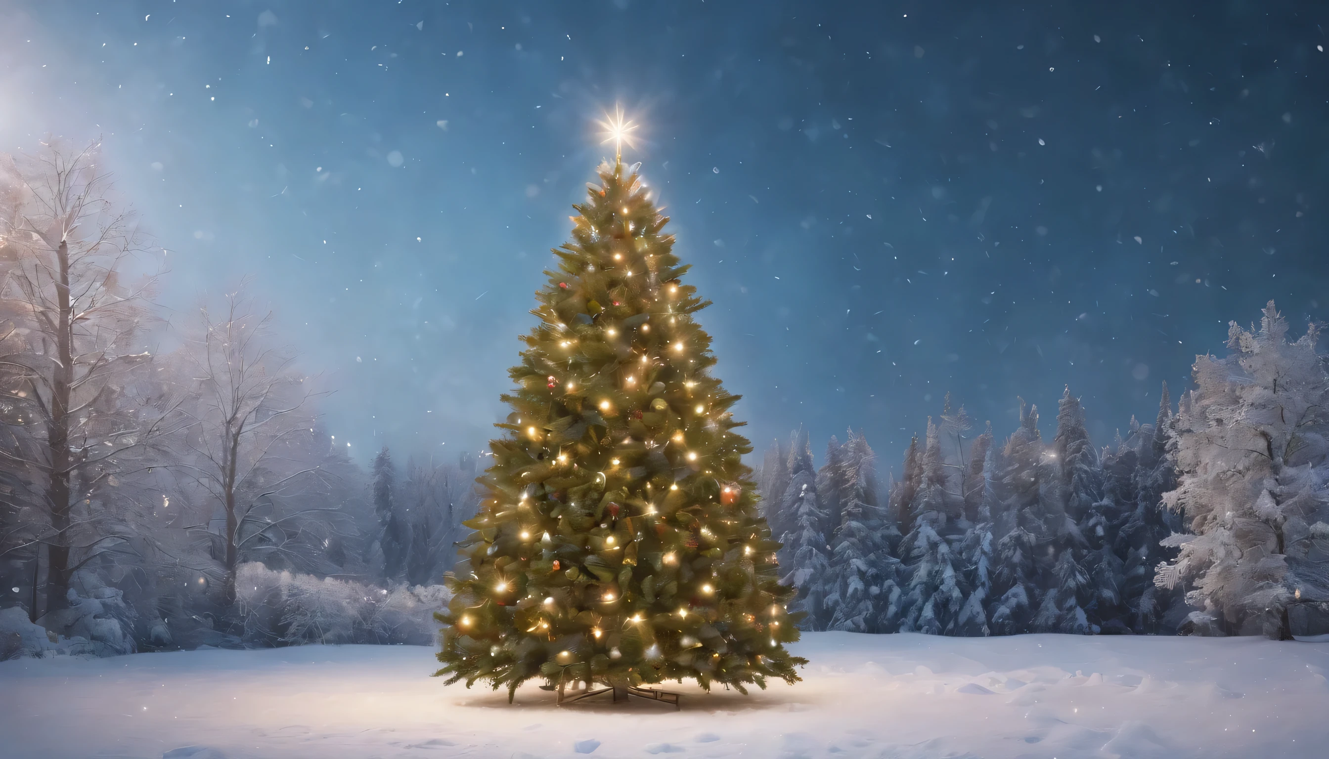 (Highly detailed CG Unity 8K wallpaper、masterpiece、highest quality、Super detailed)、(best lighting、best shadow、very delicate and beautiful)、highest quality、8K、Detailed facial depiction、masterpiece、highest quality、clear image quality、
Photo of a Christmas tree standing in a square covered in snowflakes