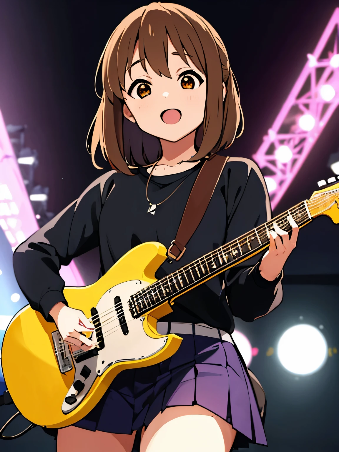 1girl, glam rock outfit, (best quality, masterpiece:1.5), detailed, BREAK (yui hirasawa:1.3)  (playing guitar:1.4), on stage, stage lights, fire