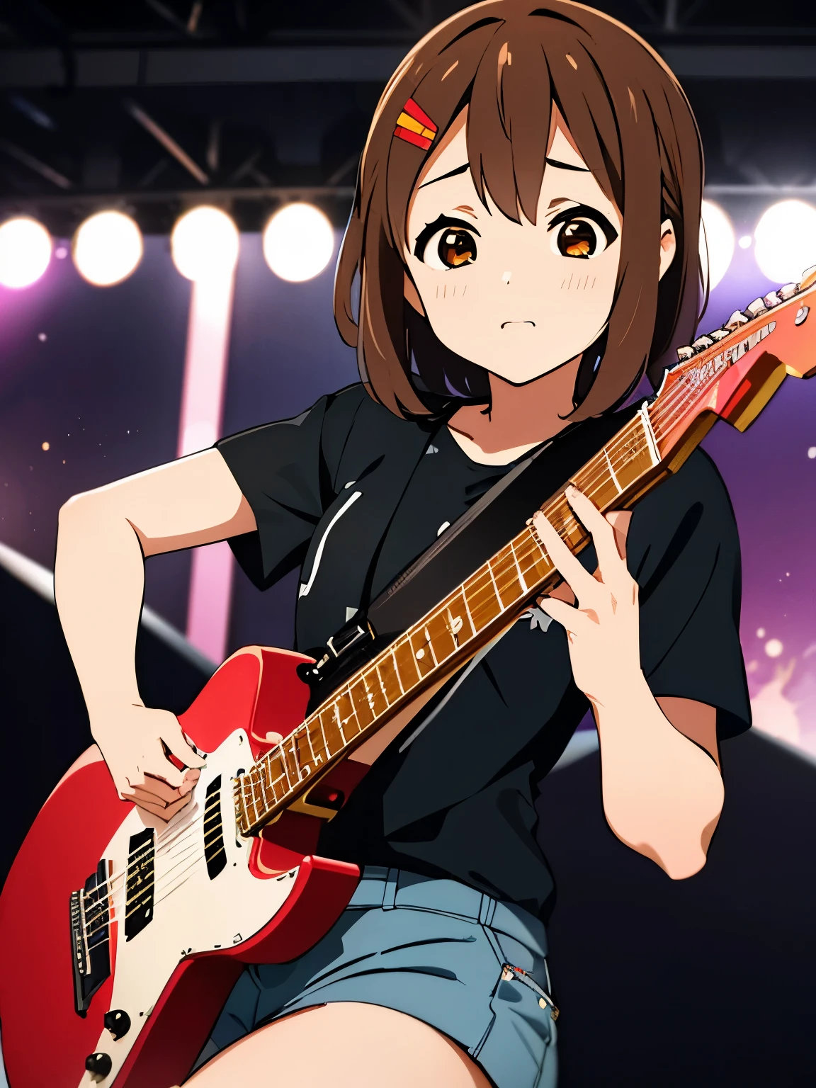 1girl, glam rock outfit, (best quality, masterpiece:1.5), detailed, BREAK (yui hirasawa:1.3)  (playing guitar:1.4), on stage, stage lights, fire