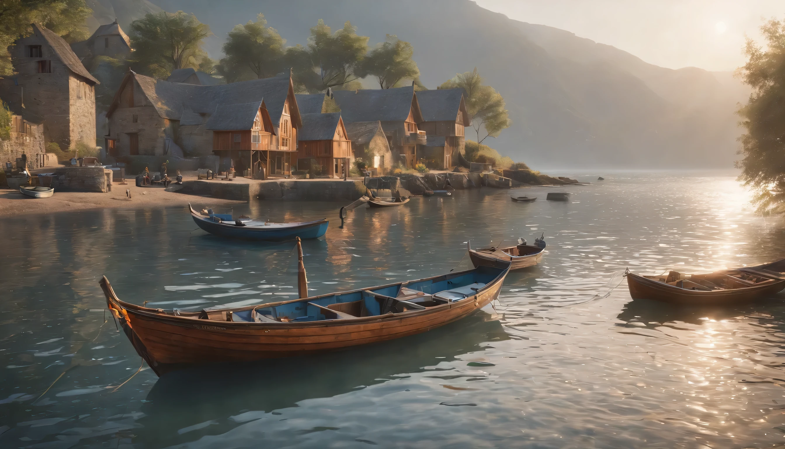 (Highly detailed CG Unity 8K wallpaper、masterpiece、highest quality、Super detailed)、(best lighting、best shadow、very delicate and beautiful)、highest quality、8K、Detailed facial depiction、masterpiece、highest quality、clear image quality、
cold々Landscape photo of fishing boat and fisherman&#39;Hut in a beautiful seaside village