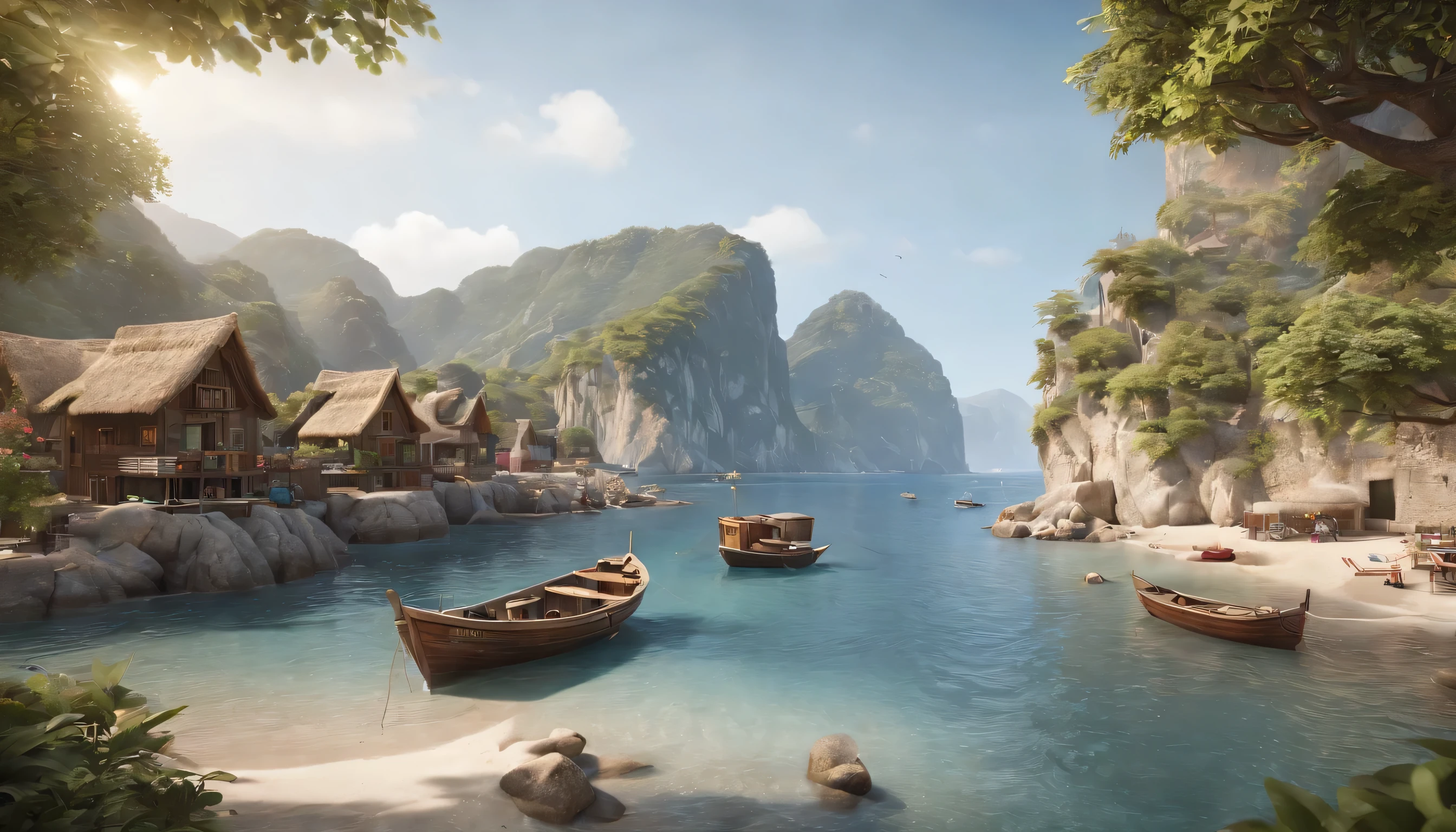 (Highly detailed CG Unity 8K wallpaper、masterpiece、highest quality、Super detailed)、(best lighting、best shadow、very delicate and beautiful)、highest quality、8K、Detailed facial depiction、masterpiece、highest quality、clear image quality、
cold々Landscape photo of fishing boat and fisherman'Hut in a beautiful seaside village