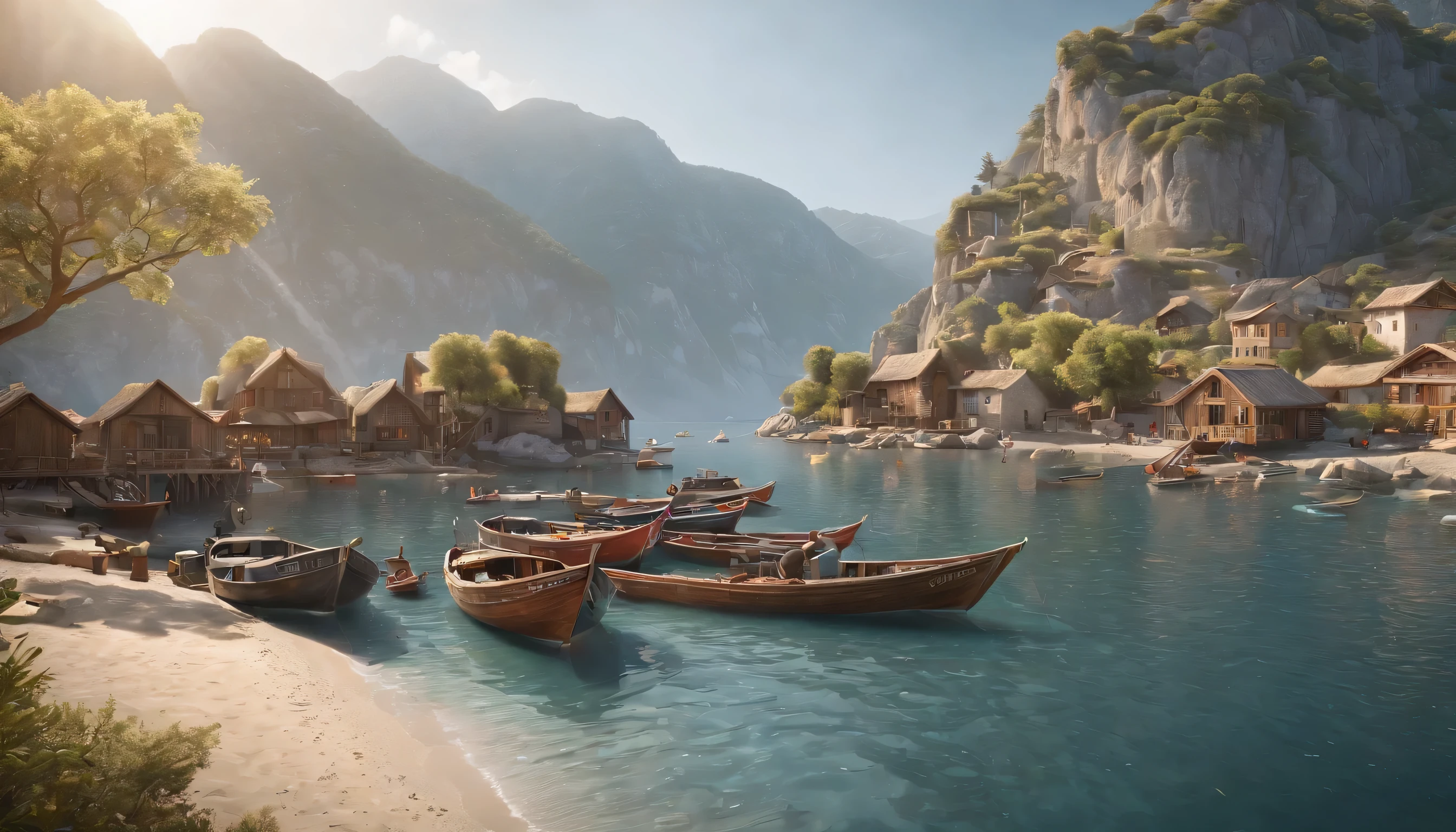 (Highly detailed CG Unity 8K wallpaper、masterpiece、highest quality、Super detailed)、(best lighting、best shadow、very delicate and beautiful)、highest quality、8K、Detailed facial depiction、masterpiece、highest quality、clear image quality、
cold々Landscape photo of fishing boat and fisherman'Hut in a beautiful seaside village