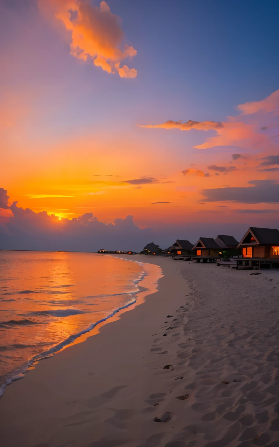 maldives watter villas ,evening time, orange sky, beautiful sky