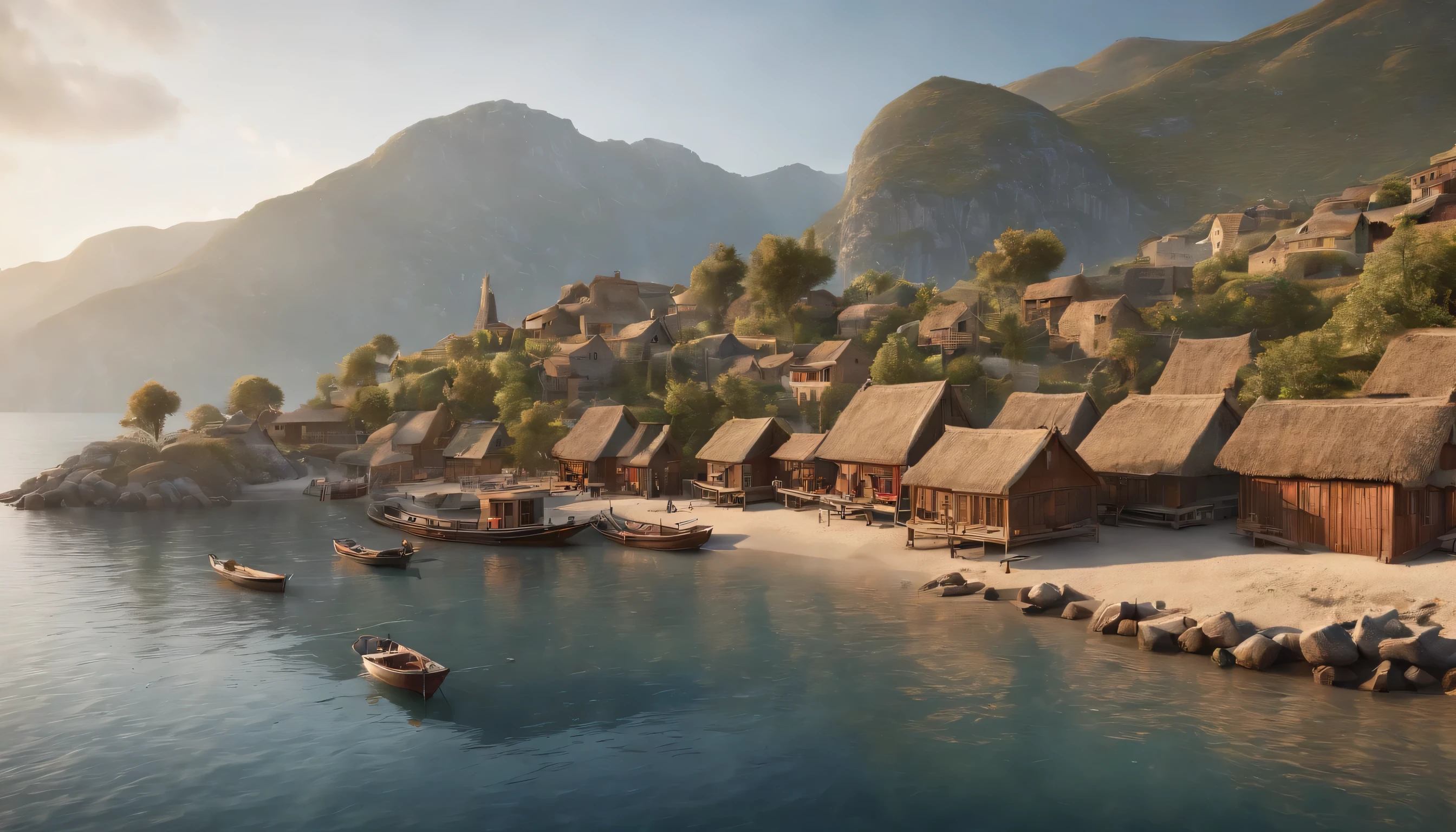 (Highly detailed CG Unity 8K wallpaper、masterpiece、highest quality、Super detailed)、(best lighting、best shadow、very delicate and beautiful)、highest quality、8K、Detailed facial depiction、masterpiece、highest quality、clear image quality、
cold々Landscape photo of fishing boat and fisherman'Hut in a beautiful seaside village