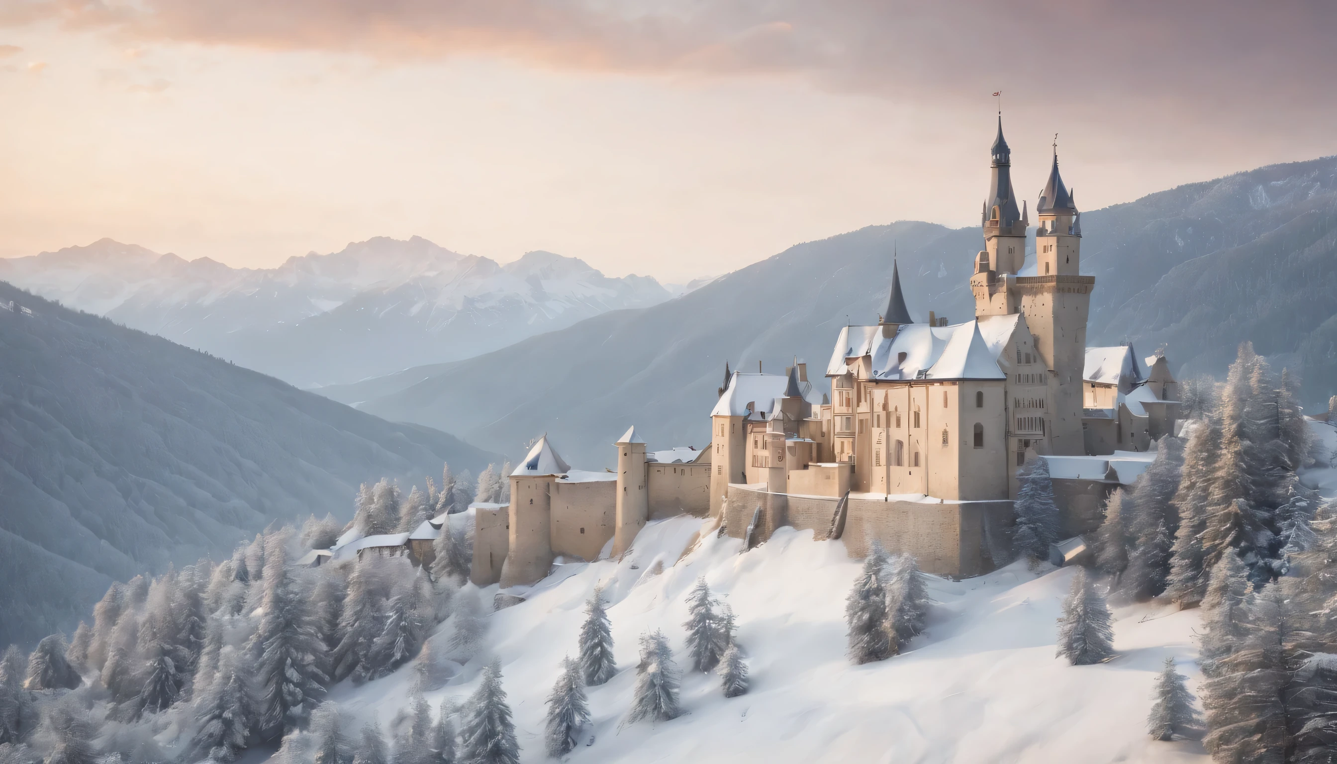 (Highly detailed CG Unity 8K wallpaper、masterpiece、highest quality、Super detailed)、(best lighting、best shadow、very delicate and beautiful)、highest quality、8K、Detailed facial depiction、masterpiece、highest quality、clear image quality、
A photo of the view from an old castle built on a snowy hill