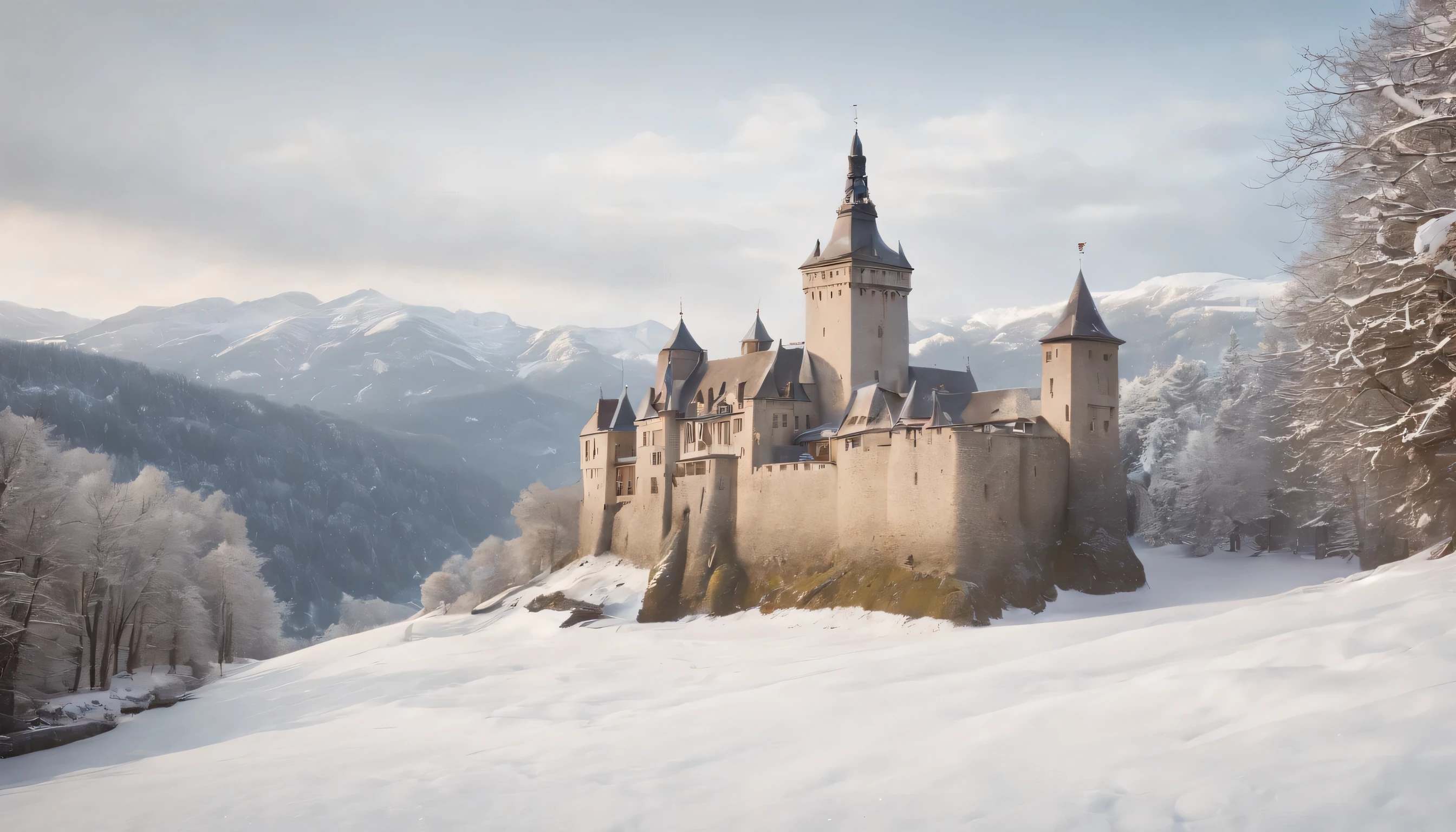 (Highly detailed CG Unity 8K wallpaper、masterpiece、highest quality、Super detailed)、(best lighting、best shadow、very delicate and beautiful)、highest quality、8K、Detailed facial depiction、masterpiece、highest quality、clear image quality、
A photo of the view from an old castle built on a snowy hill