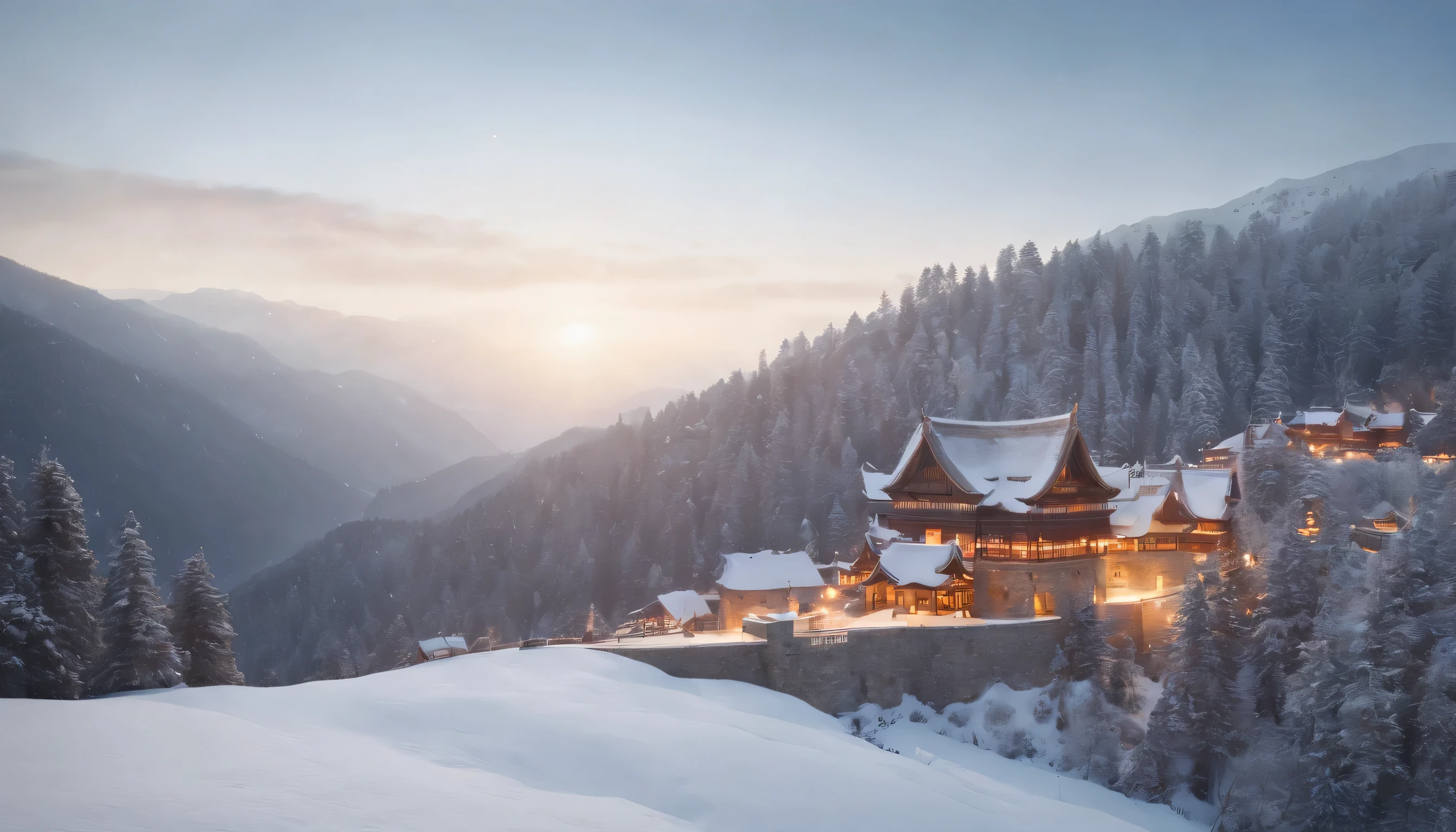 (Highly detailed CG Unity 8K wallpaper、masterpiece、highest quality、Super detailed)、(best lighting、best shadow、very delicate and beautiful)、highest quality、8K、Detailed facial depiction、masterpiece、highest quality、clear image quality、
A photo of the view from an old castle built on a snowy hill