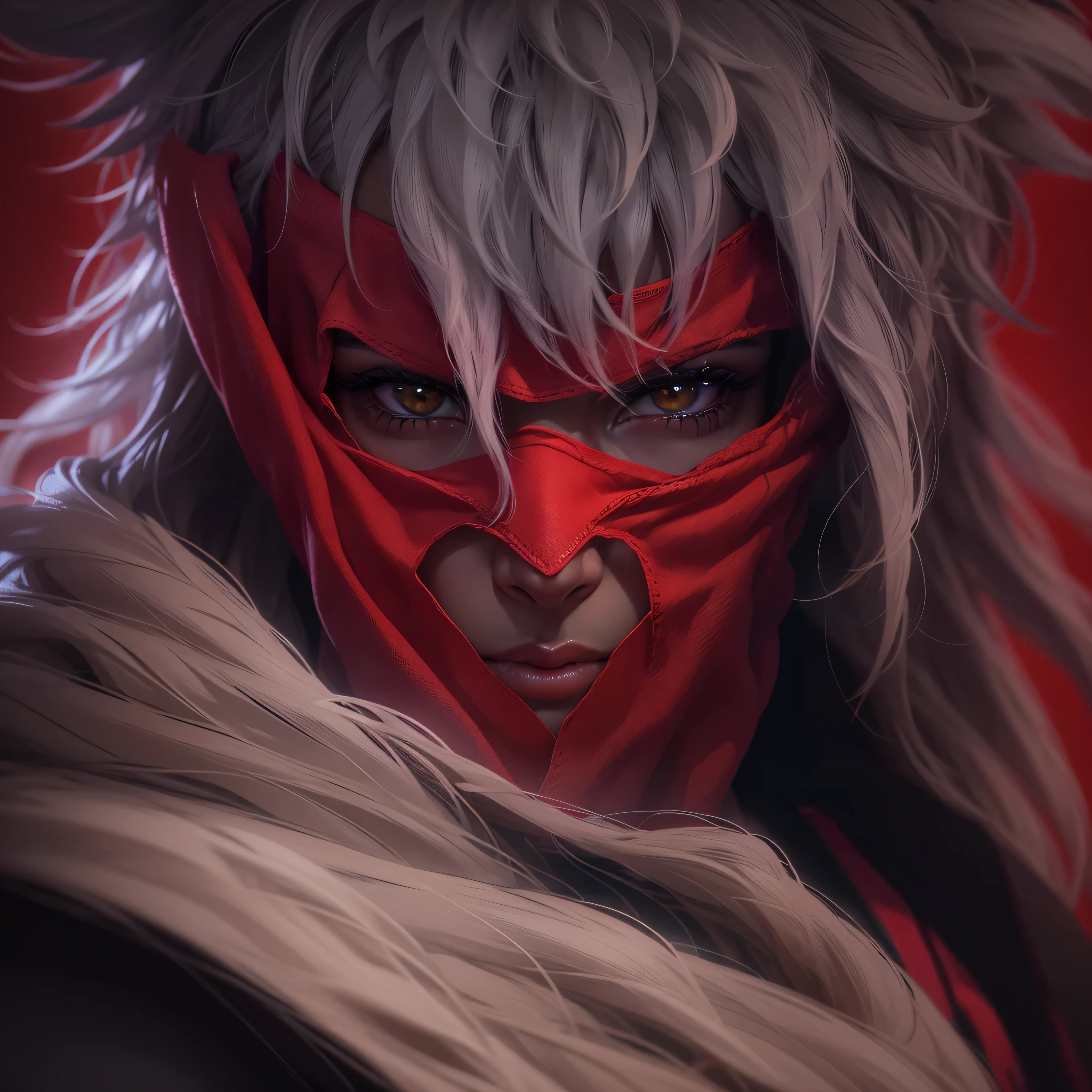 Grifter, retrato close up, a mask of red fabric, olhos brancos, cabelos castanhos, unreal engine 5, 8k.