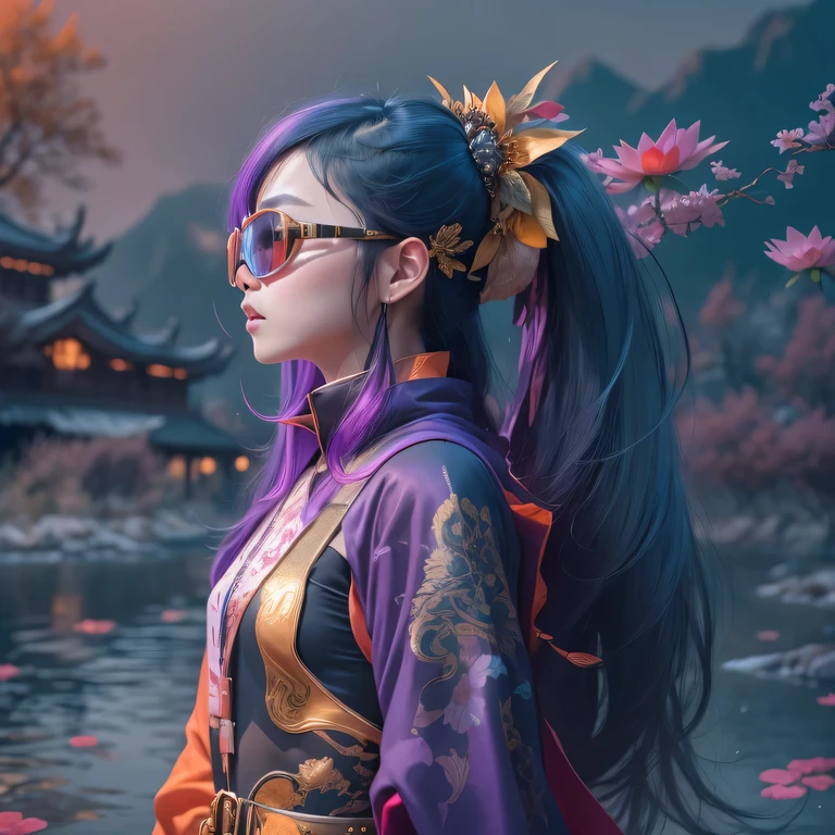 2679 Cyberpunk Year(masterpiece,HD,超HD,32k lotus root starch)Bright purple flowing hair,autumn pond, lotus root starch color, Asian (Michiko), (silk scarf), fighting stance, looking at the ground, Orange gradient long hair, ((Thick frame reflective jade windproof goggles))Floating bright purple, Fire cloud gold headdress, Chinese long-sleeved gold silk garment, (Abstract ink splash:1.2),mars background,lotus(realistically:1.4),bright purple hair,Smoke on the road,The background is very ivory、pure, high resolution, Detailed wind protection goggles, RAW photos lotus root starch, Sharp Re, Nikon D850 film photo by Jefferies Lee 4 Kodak Portra 400 camera F1.6 guns, rich and colorful, Super real、Vivid textures, dramatic lighting, Unreal Engine Art Station Trend, Silicon Nest 800,