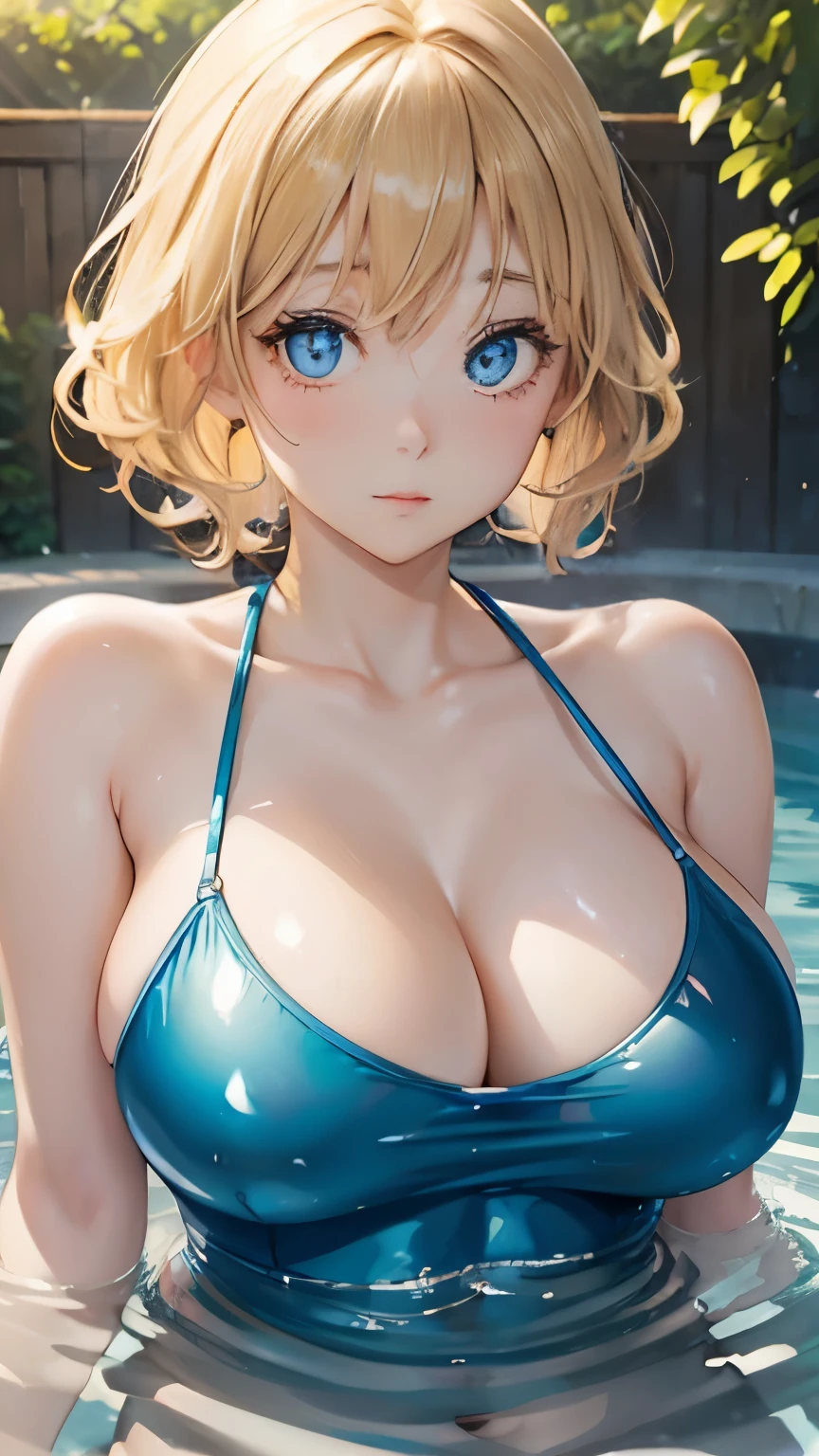 (masterpiece:1.2), (highest quality:1.2),, Curvy but slender body, perfect eyes, perfect face, perfect lighting, 2 girls, in bath, (whole bodyが見える),(bathing),(tight swimsuit),(golden hair),(play),(((sexy pose))),curly hair, Fine clothes, Detailed outdoor background, compensate, eye shadow, thick eyelashes, fantasy, looking at the viewer, whole body,alice in wonderland、blue sky、Bright and very beautiful face、young shiny glossy white shiny skin、the best beauty、The most beautiful bright blonde hair in the world、thin hair、short hair、Shining beautiful bangs、Glowing crystal clear big blue eyes、Very beautiful lovely 17 year old most beautiful girl in the world、ample breasts