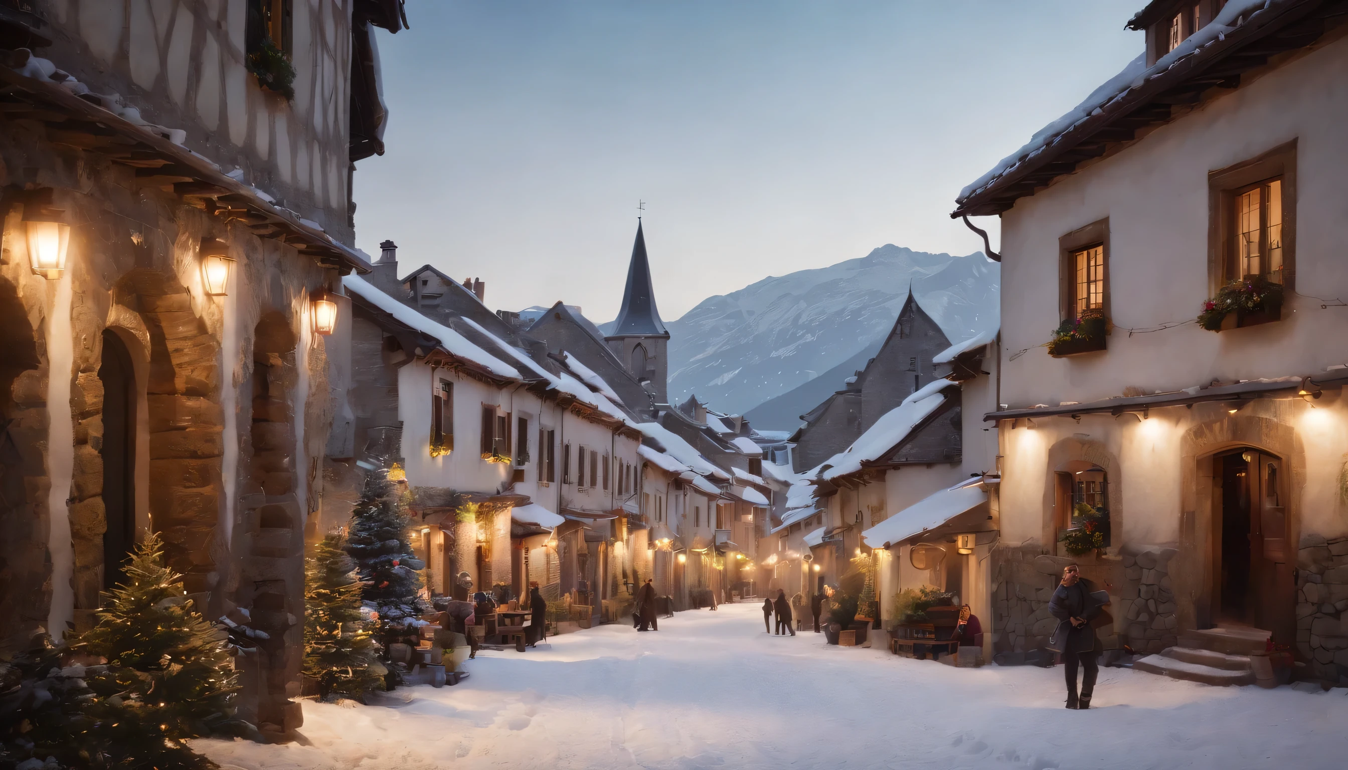 (Highly detailed CG Unity 8K wallpaper、masterpiece、highest quality、Super detailed)、(best lighting、best shadow、very delicate and beautiful)、highest quality、8K、Detailed facial depiction、masterpiece、highest quality、clear image quality、
A person taking a walk in a snowy landscape々and、A photo of the old town behind it