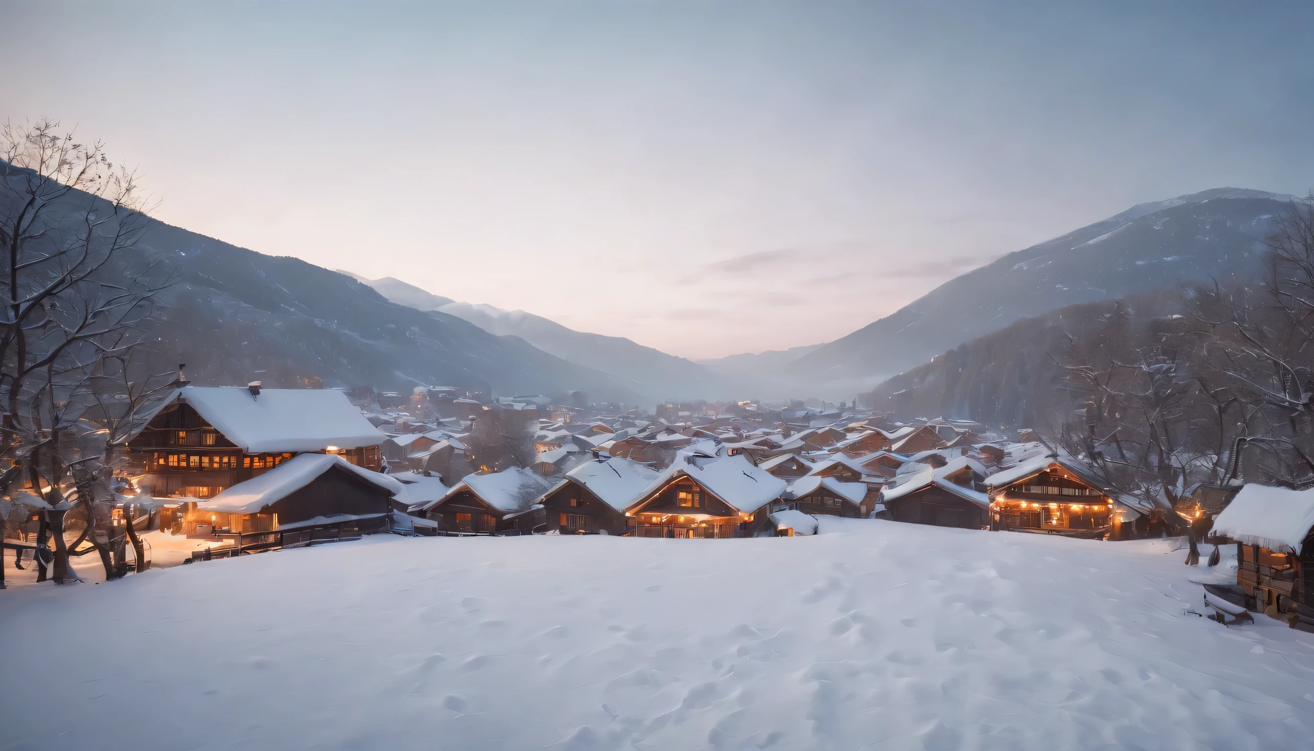 (Highly detailed CG Unity 8K wallpaper、masterpiece、highest quality、Super detailed)、(best lighting、best shadow、very delicate and beautiful)、highest quality、8K、Detailed facial depiction、masterpiece、highest quality、clear image quality、
A person taking a walk in a snowy landscape々and、A photo of the old town behind it