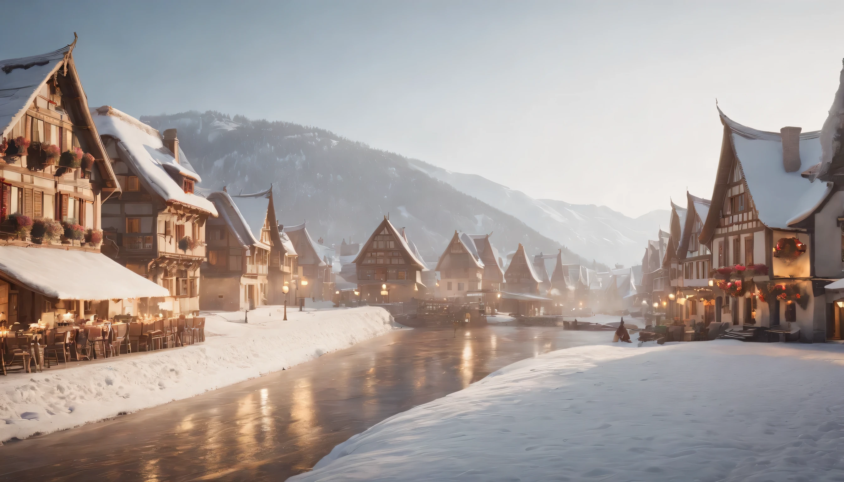 (Highly detailed CG Unity 8K wallpaper、masterpiece、highest quality、Super detailed)、(best lighting、best shadow、very delicate and beautiful)、highest quality、8K、Detailed facial depiction、masterpiece、highest quality、clear image quality、
A person taking a walk in a snowy landscape々and、A photo of the old town behind it