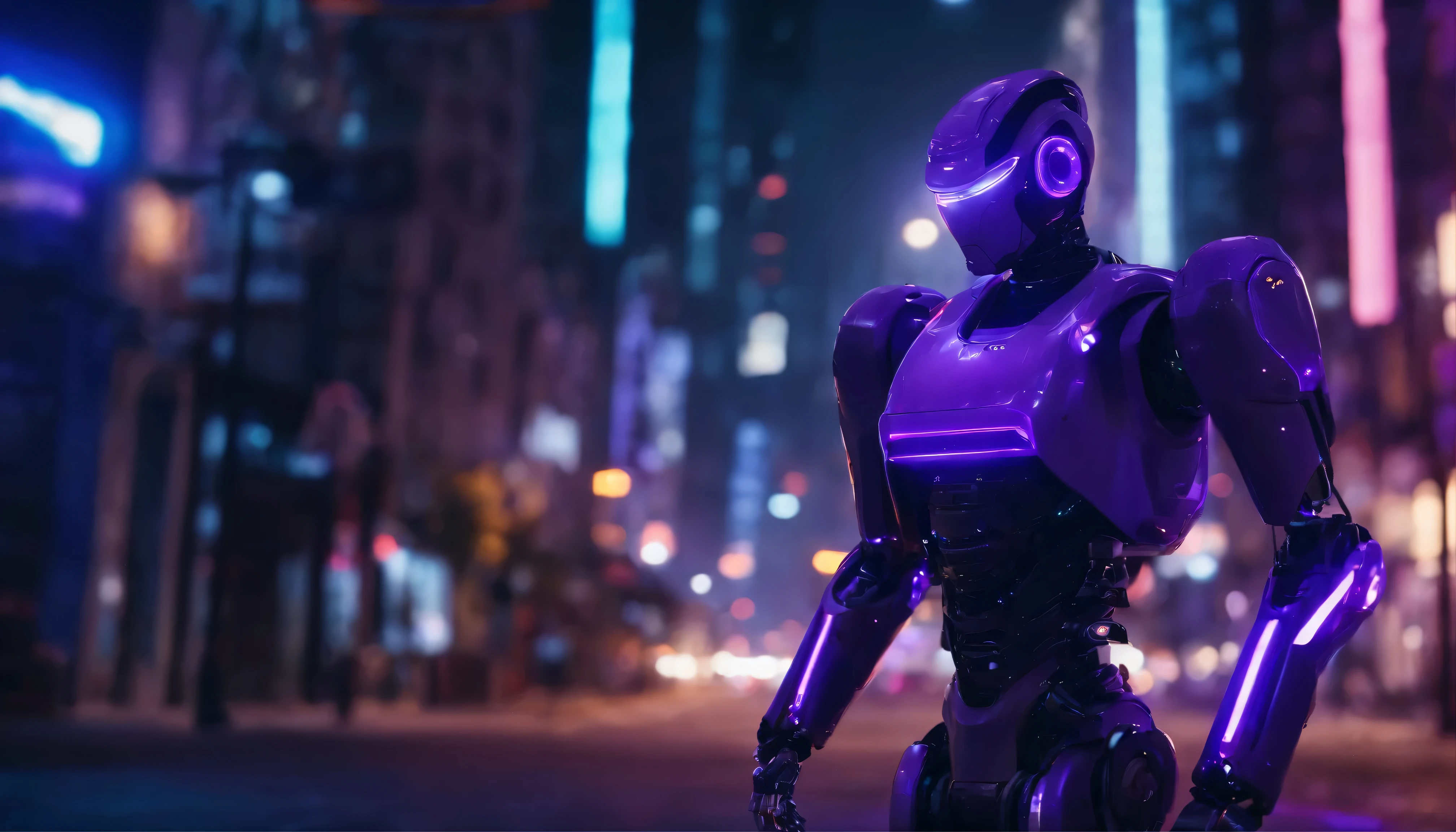 8k，robot，full body portrait，Purple lights and buildings in the background