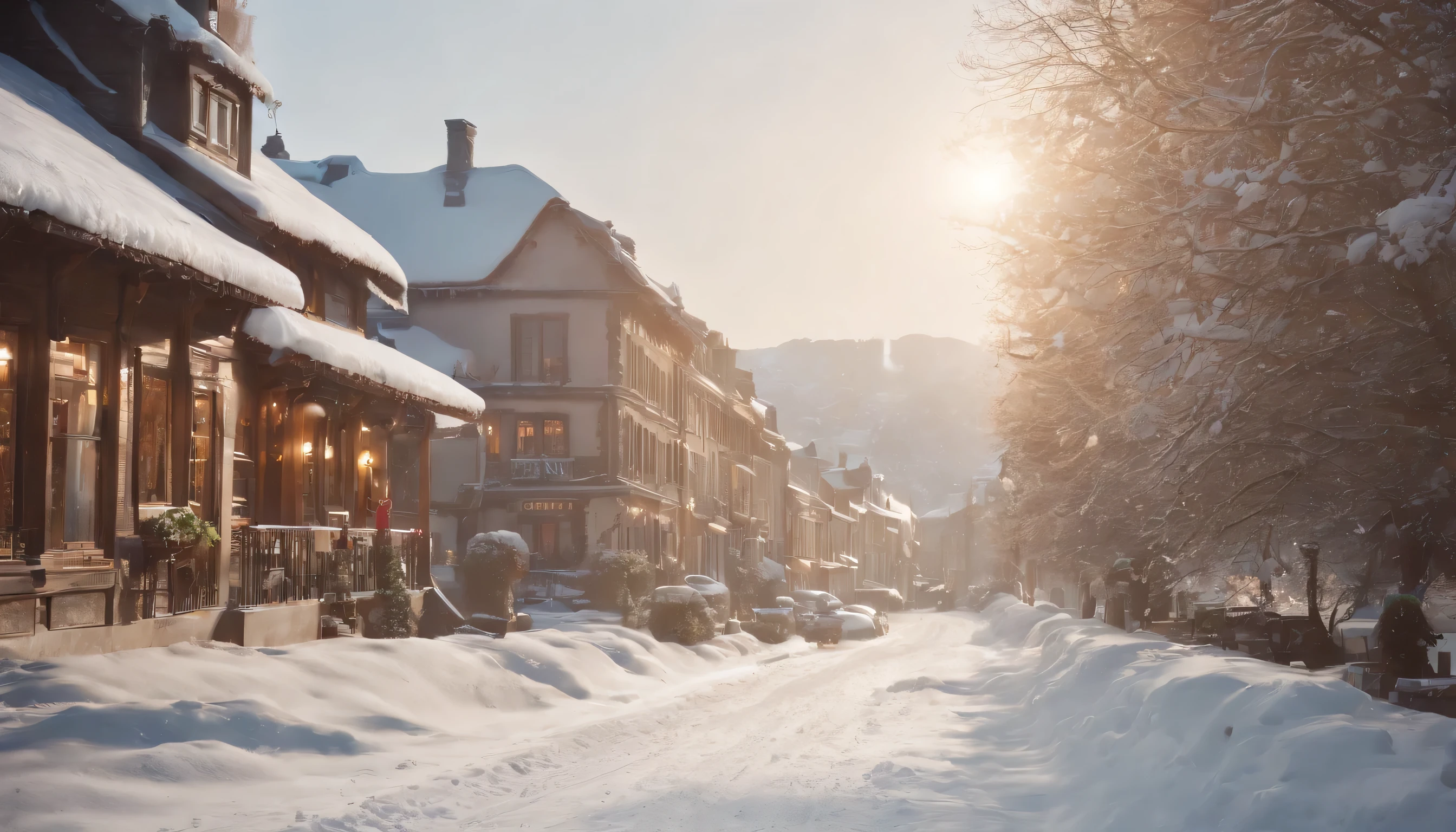 (Highly detailed CG Unity 8K wallpaper、masterpiece、highest quality、Super detailed)、(best lighting、best shadow、very delicate and beautiful)、highest quality、8K、Detailed facial depiction、masterpiece、highest quality、clear image quality、
Amid falling powder snow、colorful house々photo of a street lined with