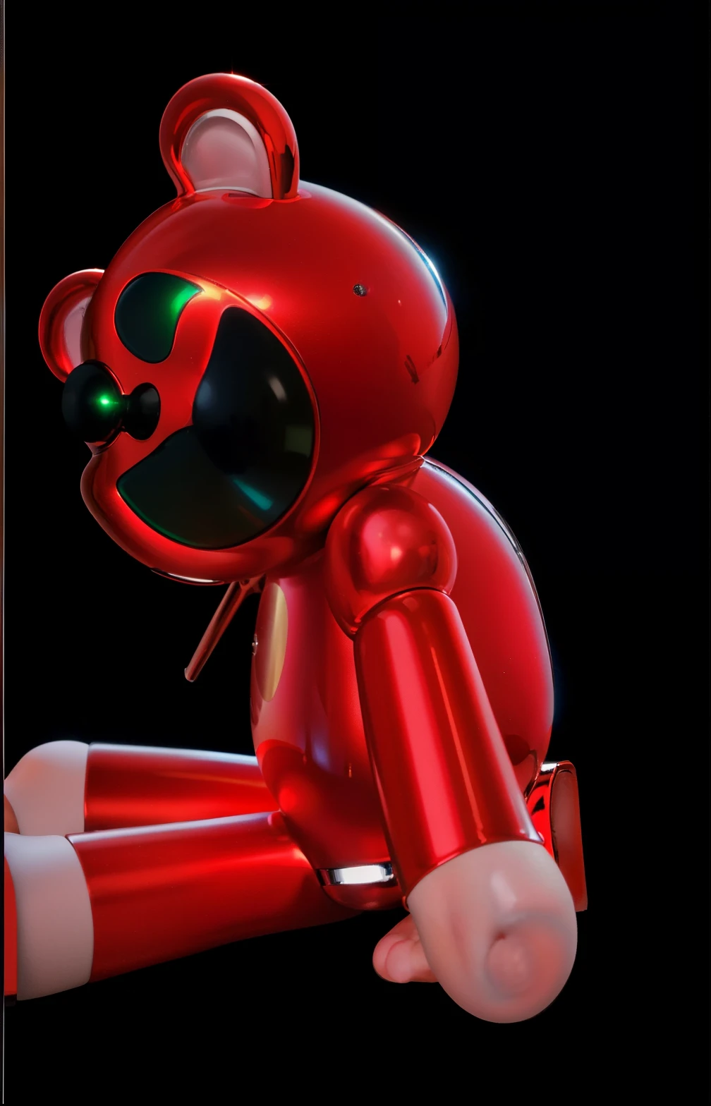 red bear toy, toy bear sitting on floor, glossy texture, smooth 3d model, multiple light sources, rim light, sharp post effects render, (glossy metallic texture with multiple big light probe refractions), perfect cgi, cgi art created only with gradients, smooth silhouette, high intensity refraction, (super glossy chrome material), most beautiful vfx, blue background, chrome metal refractions 4k, detailed digital art, reflective, best quality, 4k, masterpiece:1.2, ultra-detailed, realistic, vivid colors, dark and moody lighting, The image of the highest quality, ensuring every detail showcased perfectly. It in 4k resolution, allowing viewers to immerse themselves in the richness of the colors and intricate details. The realistic rendering. under the spotlight, reflecting, high-resolution image, realistic rendering, dark background, and rim light