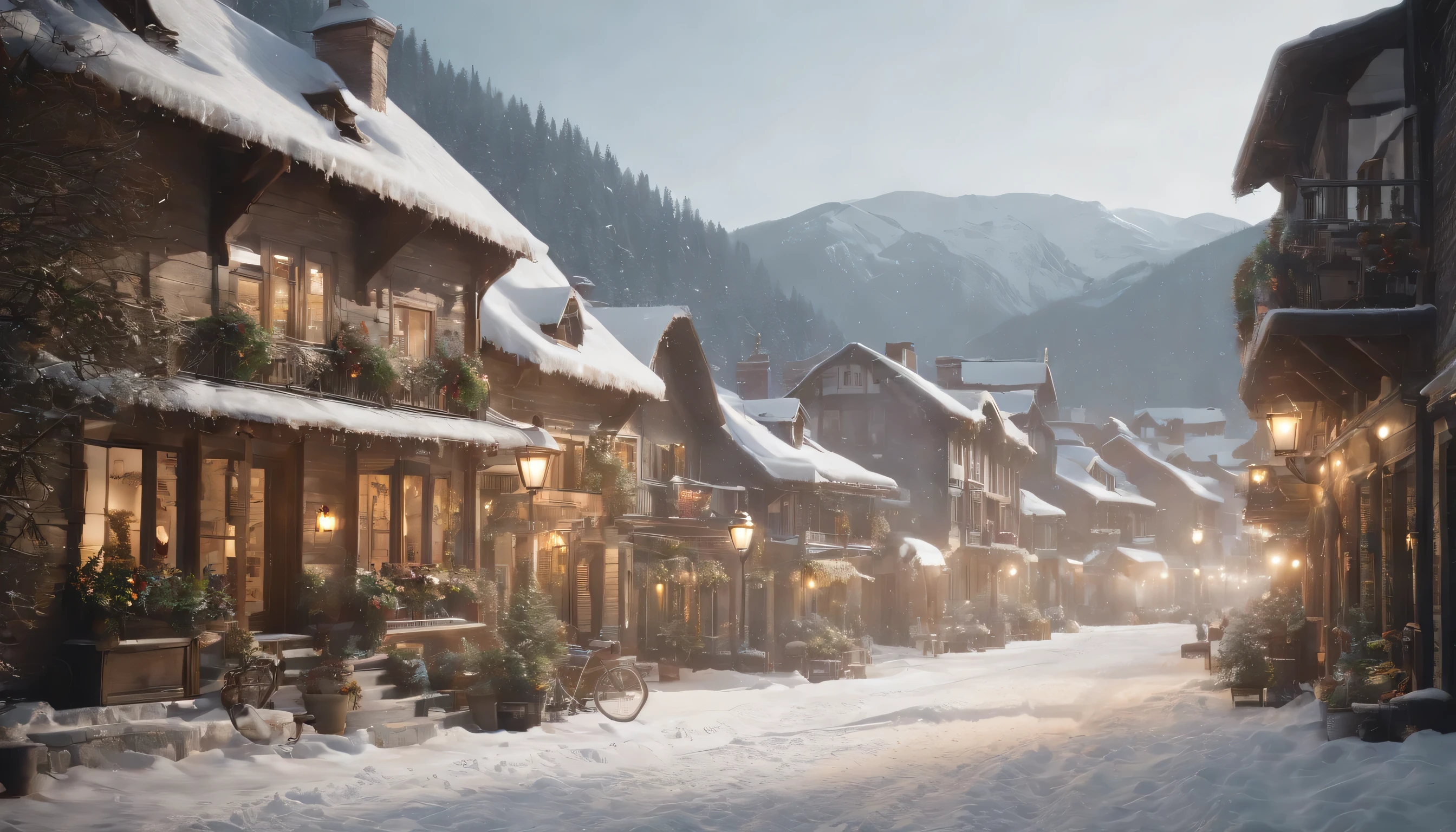 (Highly detailed CG Unity 8K wallpaper、masterpiece、highest quality、Super detailed)、(best lighting、best shadow、very delicate and beautiful)、highest quality、8K、Detailed facial depiction、masterpiece、highest quality、clear image quality、
Amid falling powder snow、colorful house々photo of a street lined with