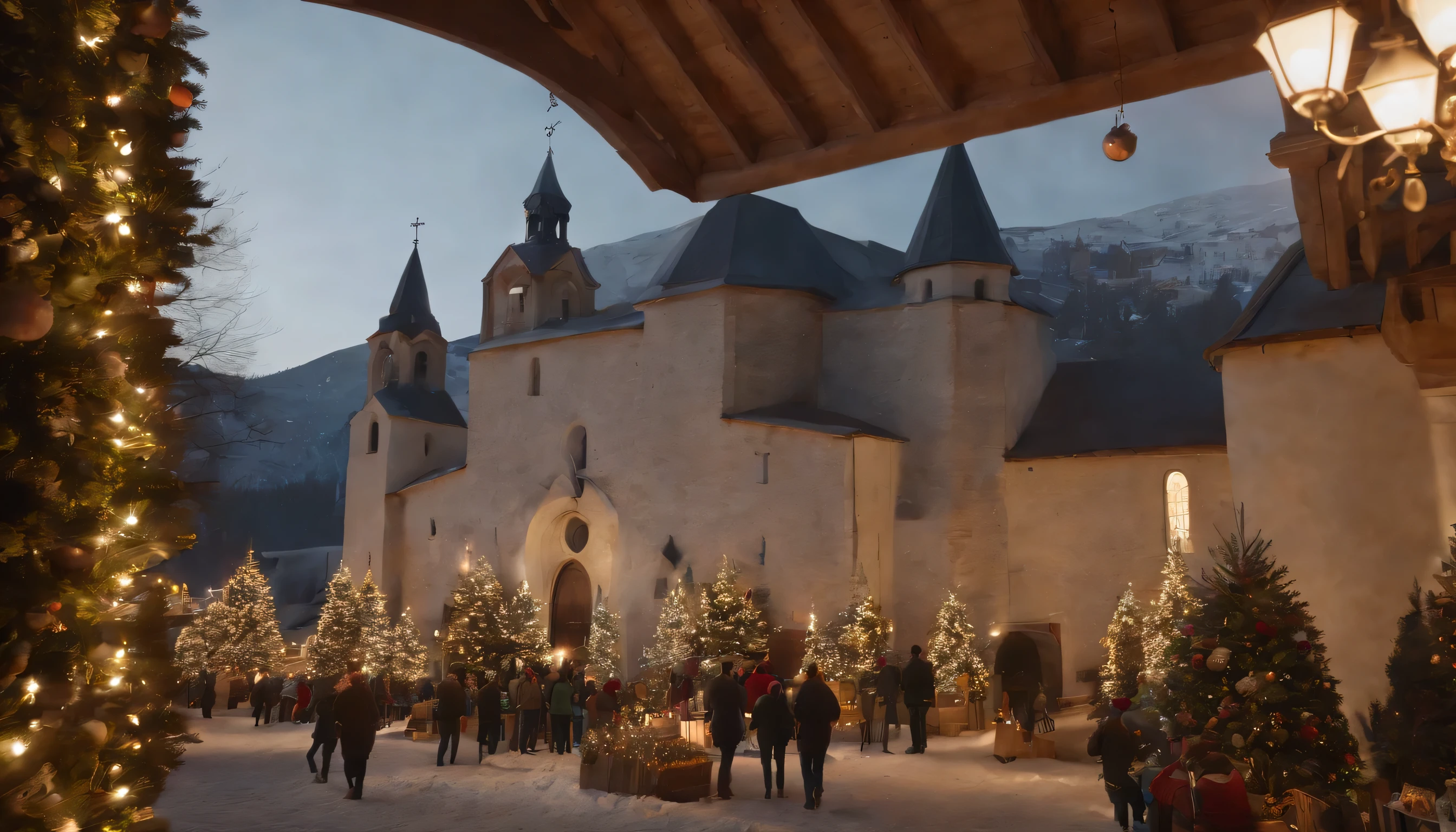 (Highly detailed CG Unity 8K wallpaper、masterpiece、highest quality、Super detailed)、(best lighting、best shadow、very delicate and beautiful)、highest quality、8K、Detailed facial depiction、masterpiece、highest quality、clear image quality、
Photo of the square in front of the church with Christmas decorations