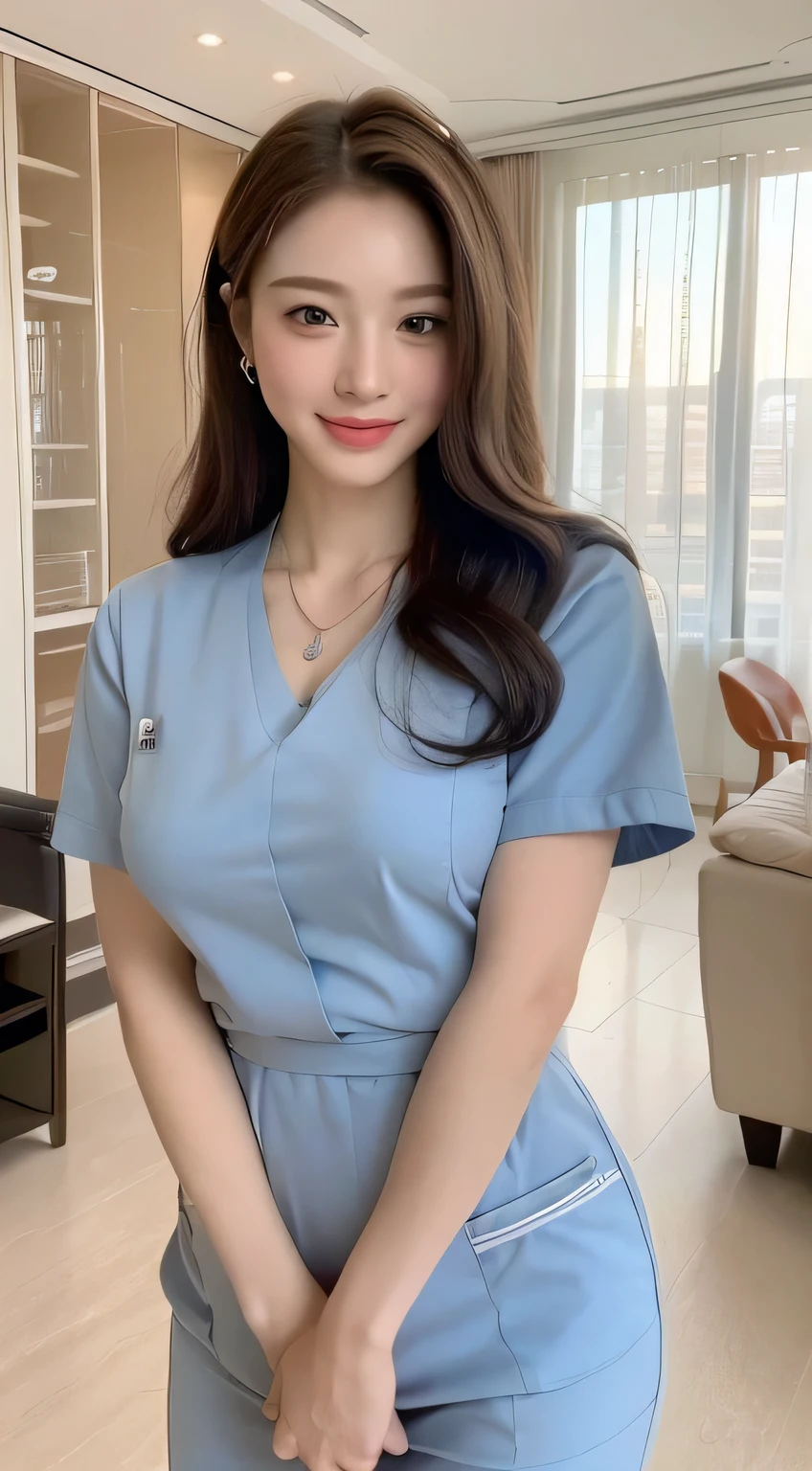 ((highest quality, 8K, masterpiece:1.3)), concentrate:1.2, perfect body beauty:1.4, buttocks:1.2, ((delicate hair)), (stylish nurse uniform:1.1) ,(room, living room: 1.3), Highly detailed face and skin texture, fine eyes, double eyelid, Whitening skin, big breasts, smile, Wearing a necklace,