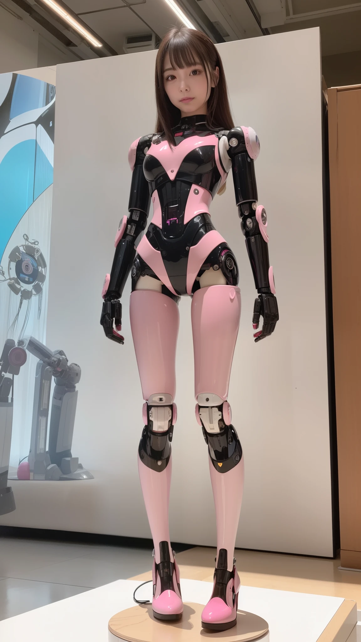 masterpiece, best quality, extremely detailed, (8K, 4K, Best Quality, Hight resolution, 超A high resolution:1.1), 8K portrait,1girl in, Japanese android girl, android teacher, control panels, android, Droid, Mechanical Hand, ,Robot arms and legs, Black hair, Mechanical body, Blunt bangs, Pink Robotics Parts, perfect robot woman, Charging spot, Long Tube, A thick cable was connected to her neck, ceramic body , android, robot humanoid, panty, full eyes, perfect mechanical body, pink robotics body, future assembly plant, Pink body, She has repaired, lack sponge joints, android assembly plant, android, laboratory, platform boots, perfect machine body, pink robot body