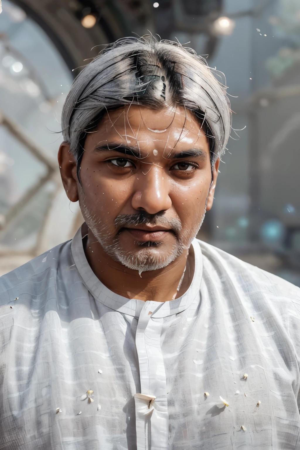 a close up shot of an Indian man in white kurta grey hair (short , dense) clean shaven face , a bit overweight , he has captured in a medium shot, sparks, glossy, dust particles, 3D look, sunshine, HD, flowers, studio, digital studio, Glowing short hair, glossy eyes,((ultra realistic:1.8)),((Best quality)), ((Masterpiece)),((Detailed)),