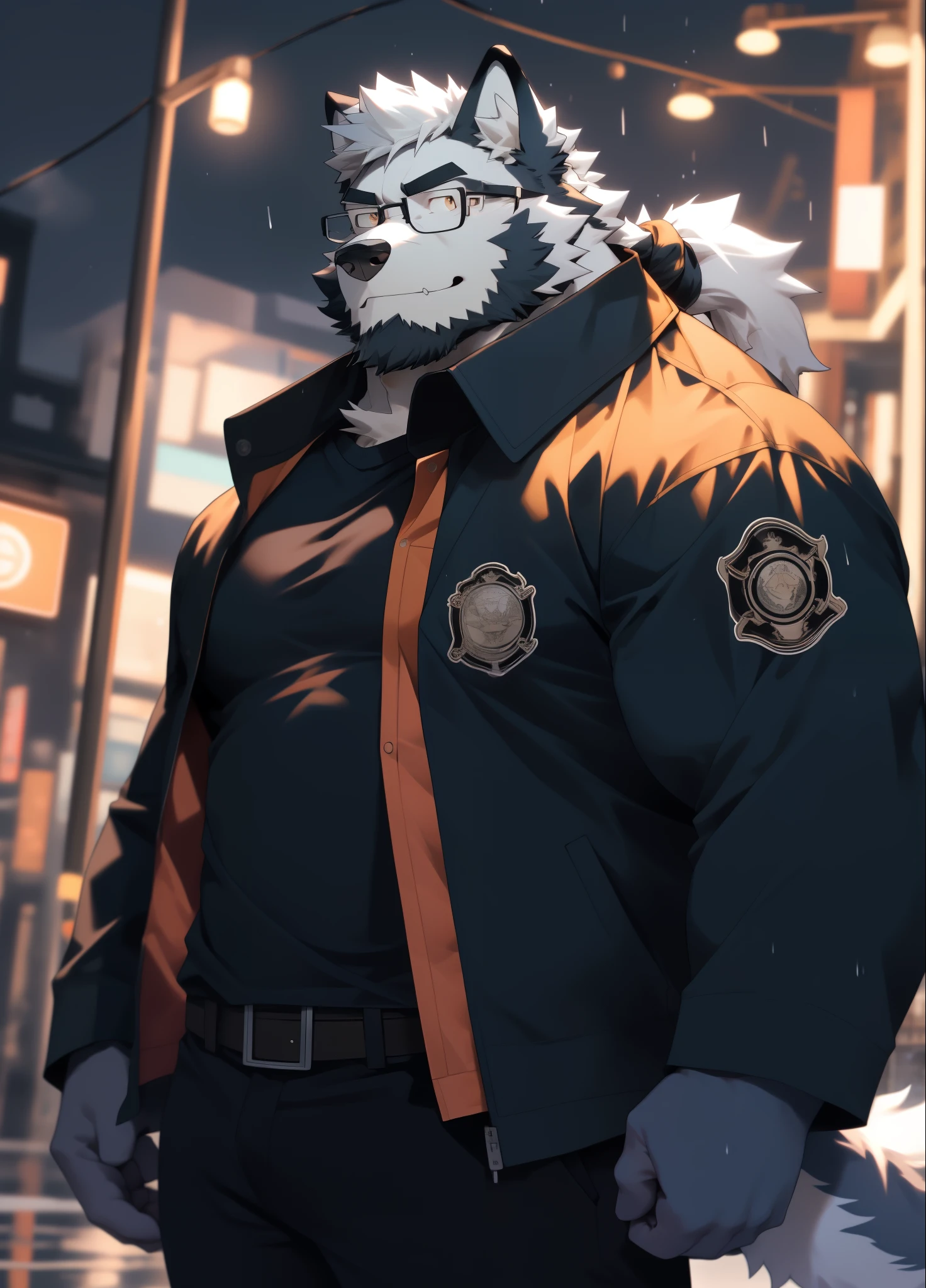 hairy,((Wolf,Black-rimmed glasses,Orange firefighter jacket)),beard,Hair is a long ponytail,long tail,white fur,male,Common,full-body shot,dynamic poses,smirk,rainy day,night,dark night,Detailed background,极其lifelike阴影,masterpiece,Very detailed,lifelike