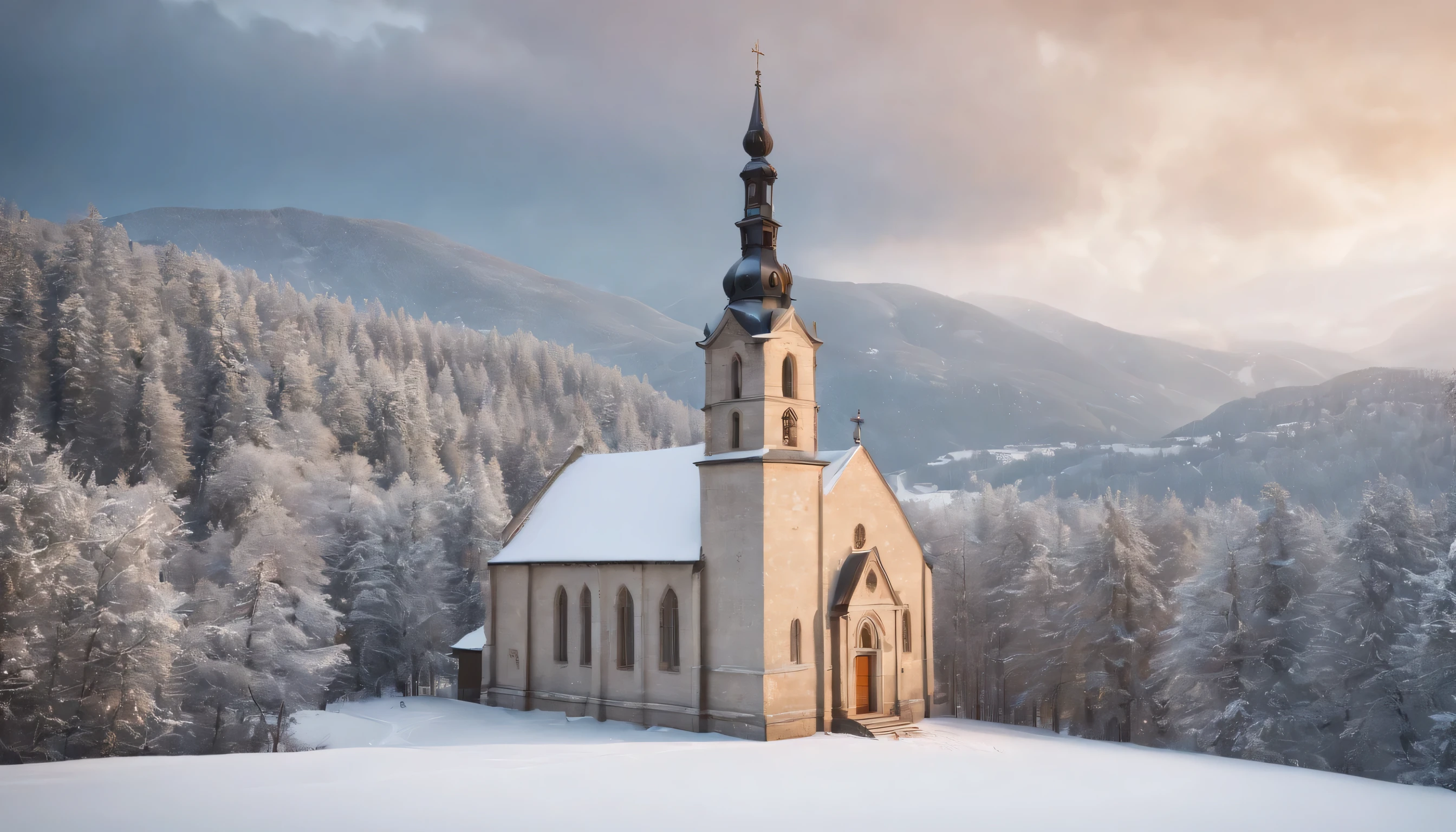 (Highly detailed CG Unity 8K wallpaper、masterpiece、highest quality、Super detailed)、(best lighting、best shadow、very delicate and beautiful)、highest quality、8K、Detailed facial depiction、masterpiece、highest quality、clear image quality、
In a quiet snowy landscape、Photo of a cityscape with church bells echoing