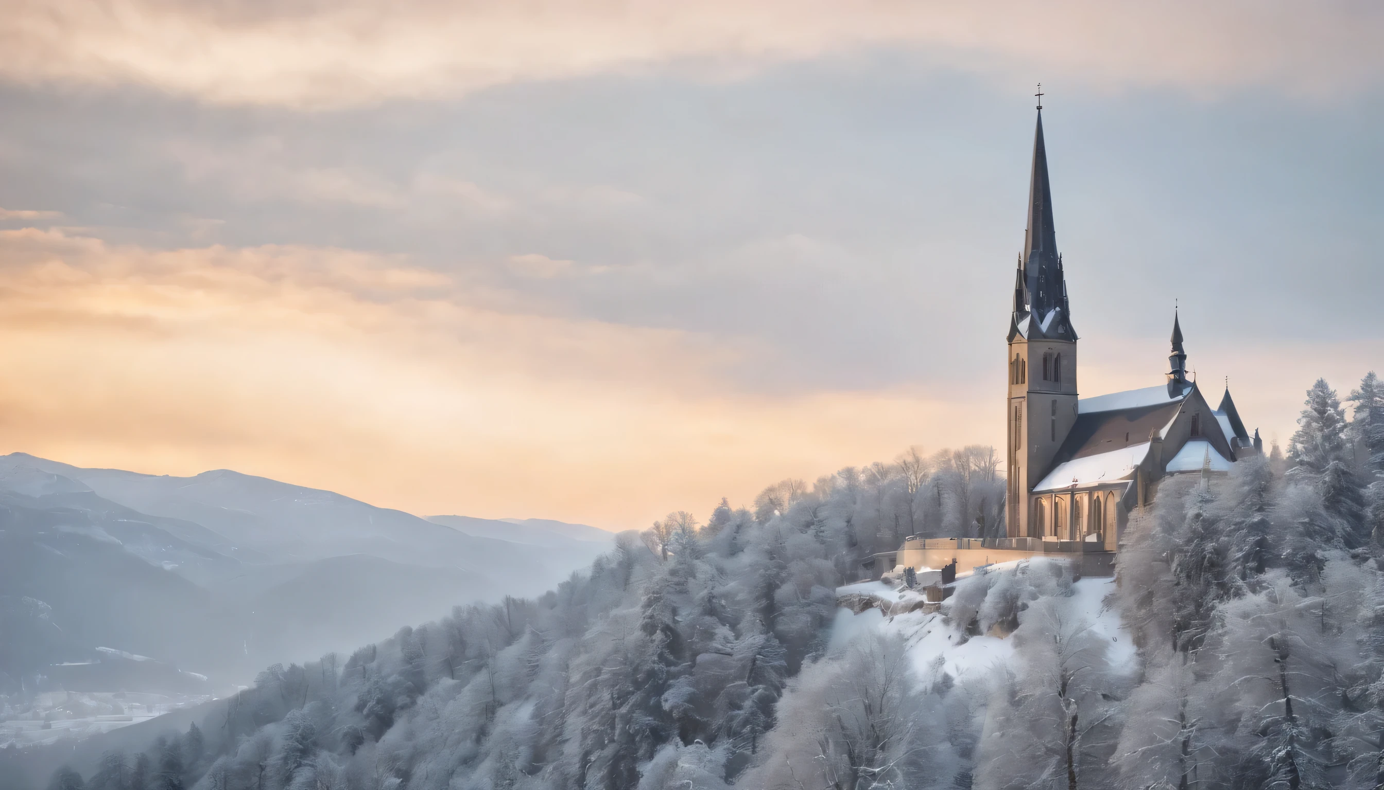 (Highly detailed CG Unity 8K wallpaper、masterpiece、highest quality、Super detailed)、(best lighting、best shadow、very delicate and beautiful)、highest quality、8K、Detailed facial depiction、masterpiece、highest quality、clear image quality、
In a quiet snowy landscape、Photo of a cityscape with church bells echoing