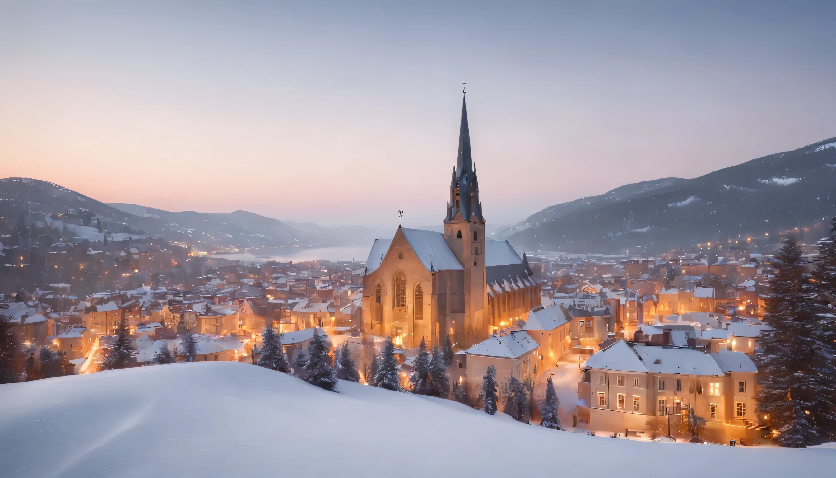 (Highly detailed CG Unity 8K wallpaper、masterpiece、highest quality、Super detailed)、(best lighting、best shadow、very delicate and beautiful)、highest quality、8K、Detailed facial depiction、masterpiece、highest quality、clear image quality、
In a quiet snowy landscape、Photo of a cityscape with church bells echoing