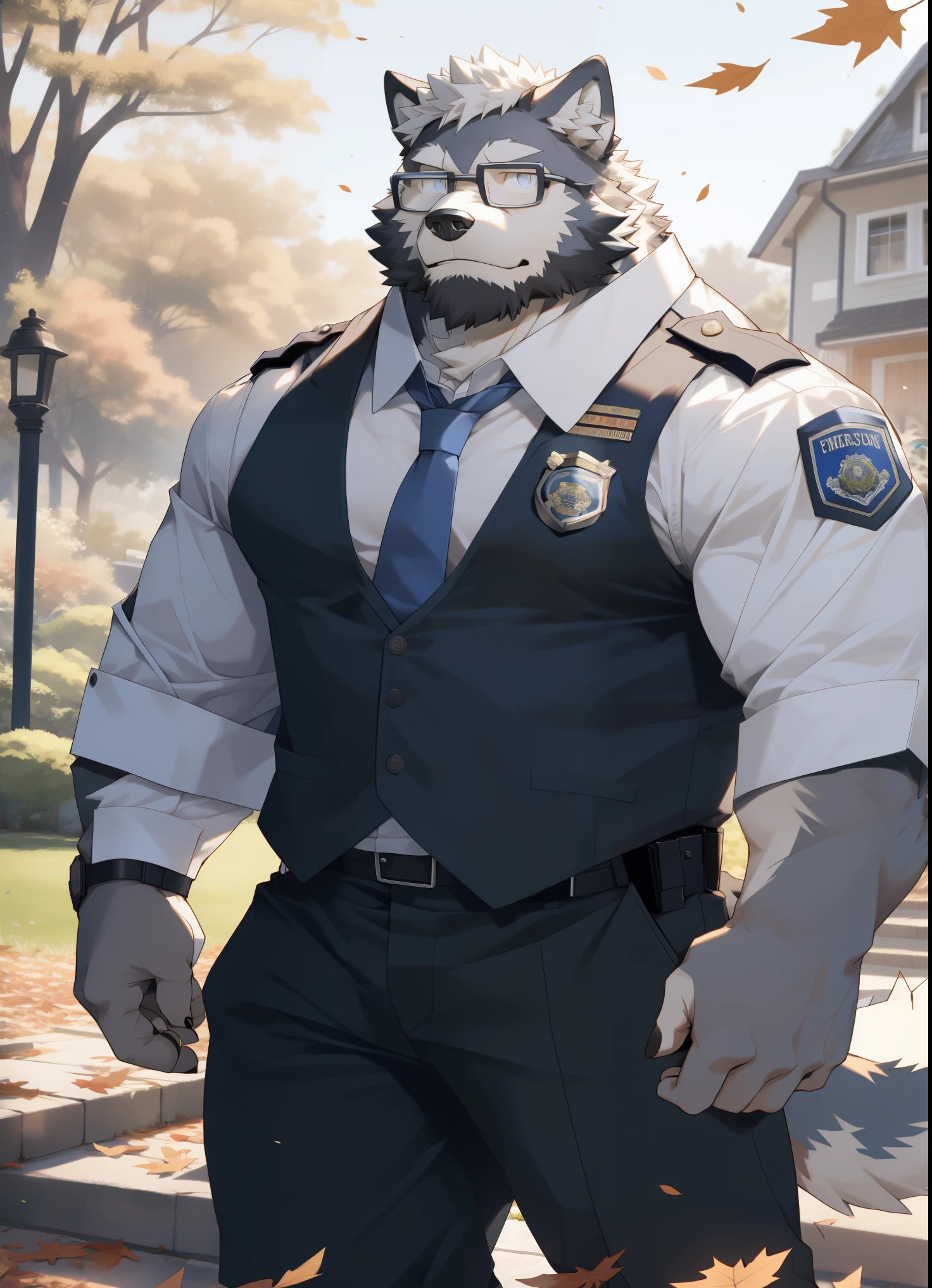 hairy，Wolf，Black-rimmed glasses，White long-sleeved police uniform，rolled up sleeves，tie，beard，white fur，male，Common，full body picture，dynamic poses，garden，Sunlight，There are fallen leaves falling，Detailed background，极其lifelike阴影，masterpiece，Very detailed，lifelike