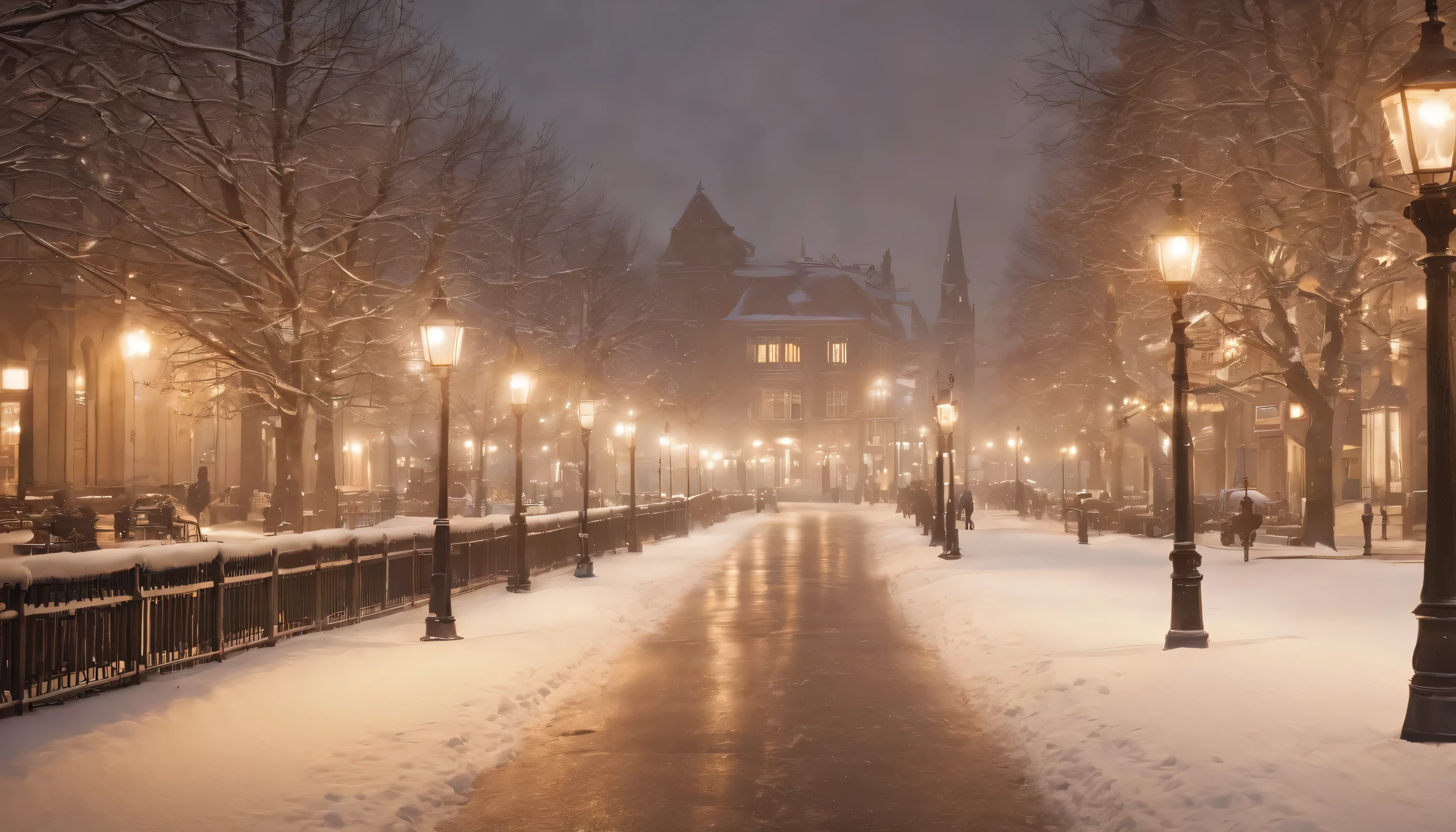 (Highly detailed CG Unity 8K wallpaper、masterpiece、highest quality、Super detailed)、(best lighting、best shadow、very delicate and beautiful)、highest quality、8K、Detailed facial depiction、masterpiece、highest quality、clear image quality、
romantic night cityscape、A photo of a landscape where the light of a streetlight reflects on the snow