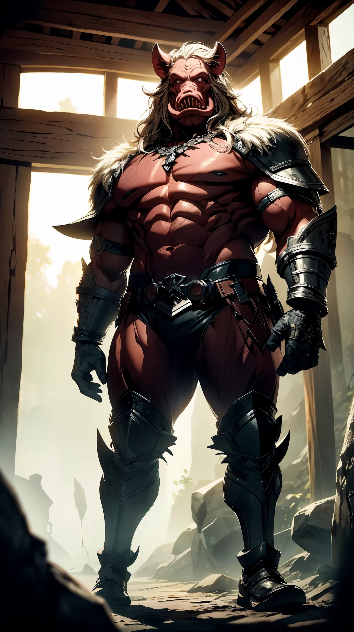 (8K, RAW photo, 最high quality, masterpiece:1.2), High-definition RAW color photo, Professional photo shoot, cinematic light, RPG design, dark fantasy graphics, pig humanoid monster, oak, ((full body shot)), fantasy art, dungeon background, Stone dungeons, dim lighting, film grain, background bokeh, high quality, surreal, bright colors, ((very detailed, photo shoot)),