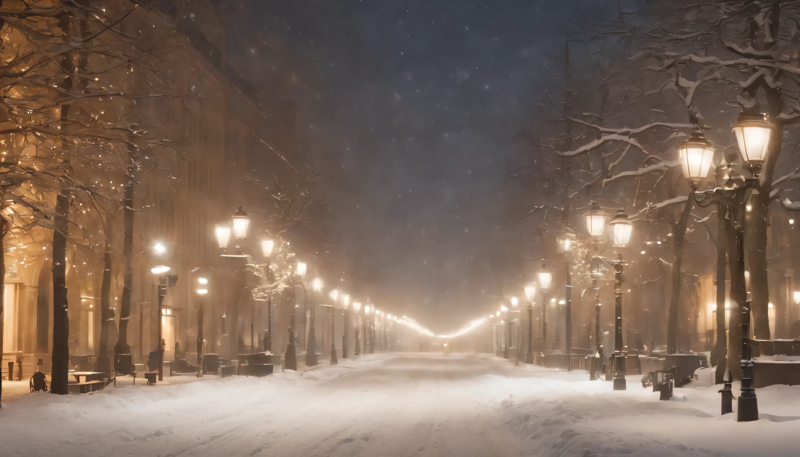 (Highly detailed CG Unity 8K wallpaper、masterpiece、highest quality、Super detailed)、(best lighting、best shadow、very delicate and beautiful)、highest quality、8K、Detailed facial depiction、masterpiece、highest quality、clear image quality、
romantic night cityscape、A photo of a landscape where the light of a streetlight reflects on the snow