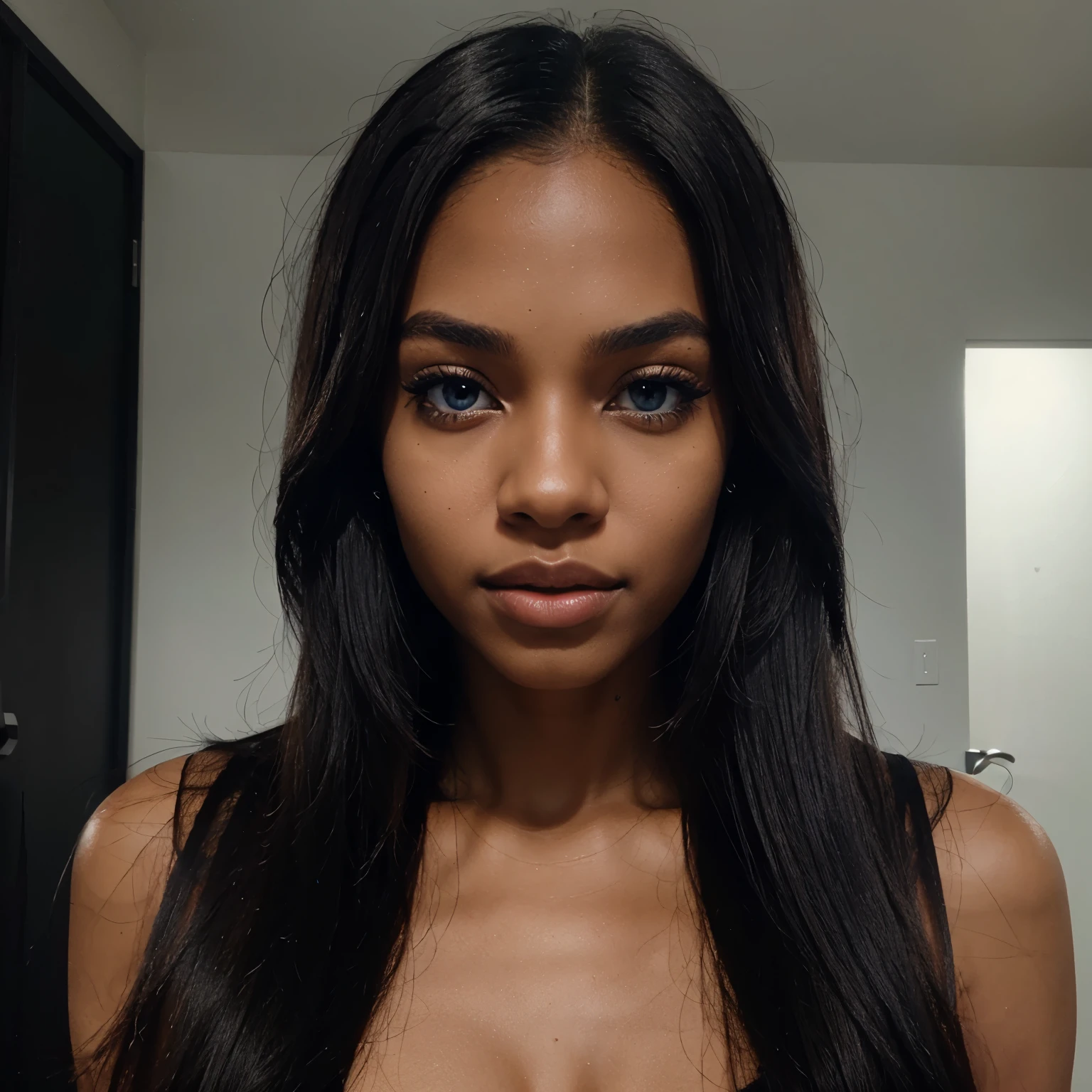 Create a digital, black, beautiful Influencer with a smooth skin tone. Straight hair, blue eye color