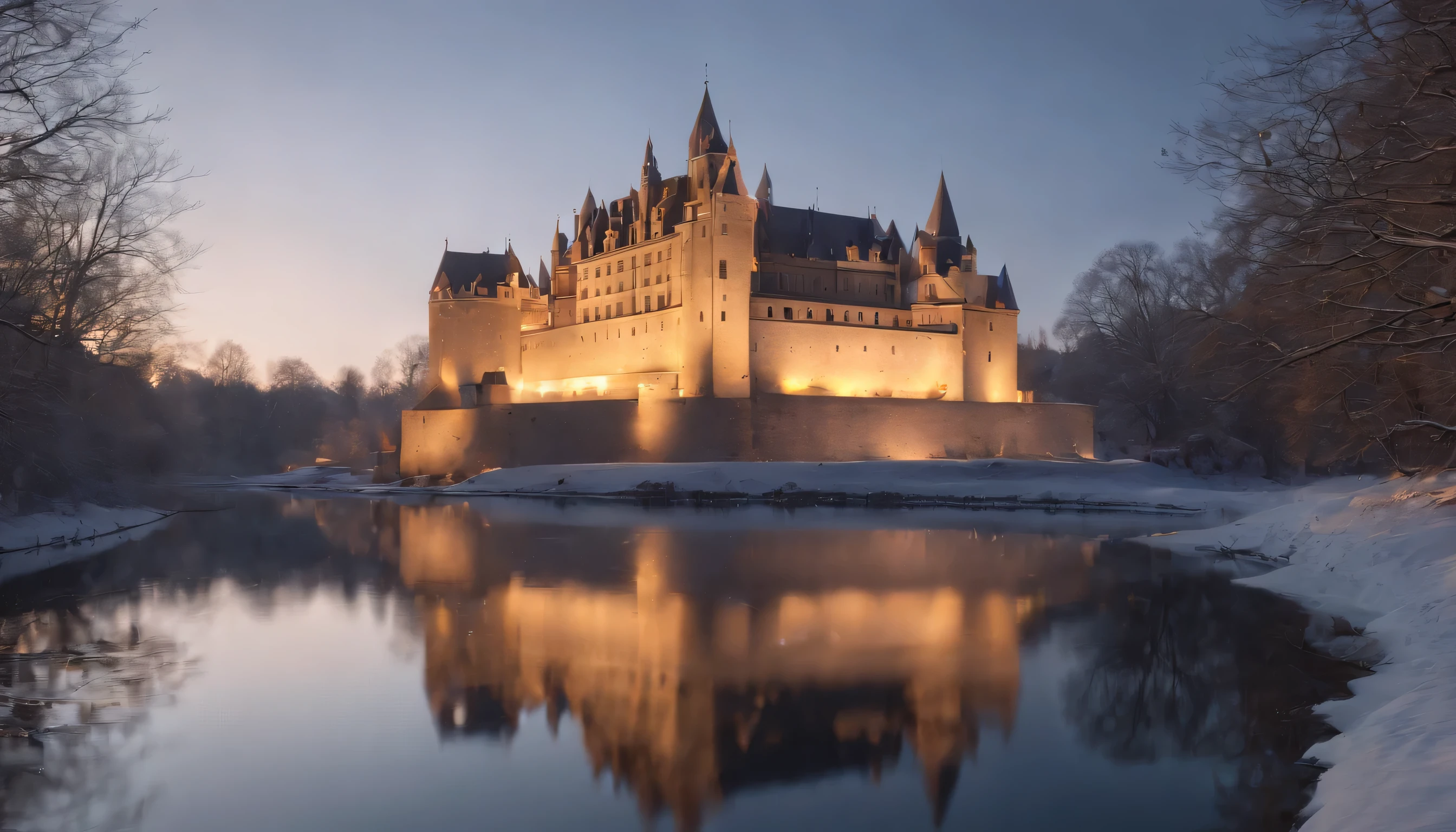 (Highly detailed CG Unity 8K wallpaper、masterpiece、highest quality、Super detailed)、(best lighting、best shadow、very delicate and beautiful)、highest quality、8K、Detailed facial depiction、masterpiece、highest quality、clear image quality、
A beautiful landscape photo of the silhouette of an old castle reflected in the winter sunset