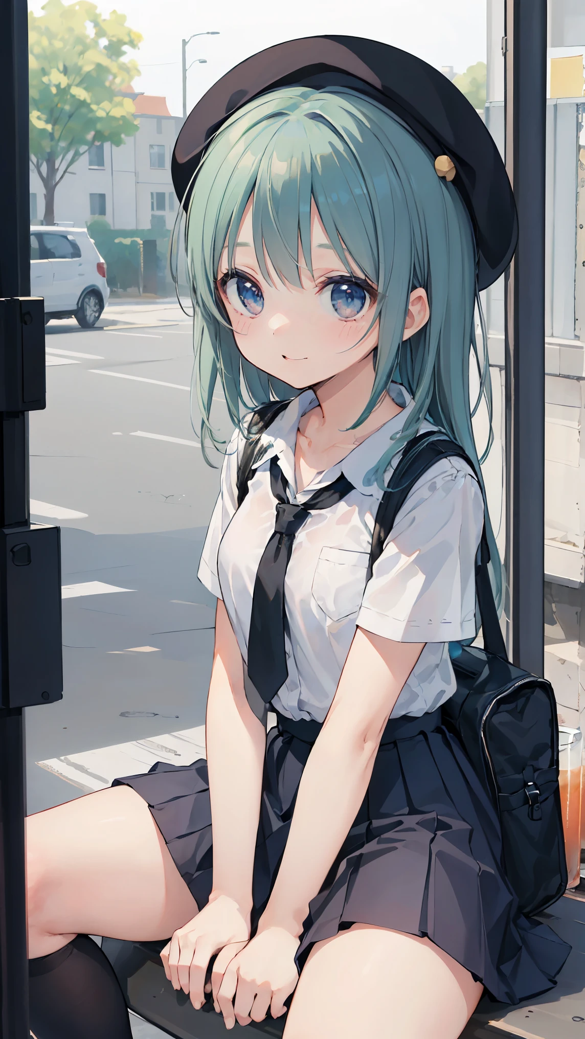 (masterpiece, highest quality), High resolution, detailed face:1.2, anime(1.2), sharpness, 4K, woman posing for a photo, Flustered face, upset, open your mouth, embarrassing, long hair, green hair, straight hair, fine skin, beautiful hands, Beautiful fingers, Wearing a beret, tie, Blouses with short sleeves, pleated skirt, school bag, thighs, Absolute area, knee socks, thighsに手を入れる, during the day, hot summer day, School, schoolyard, sitting on the bench, Canned juiceを持つ, natural lighting, sharp focus, hasselblad photography, cinematic lighting, whole body, Canned juice, 