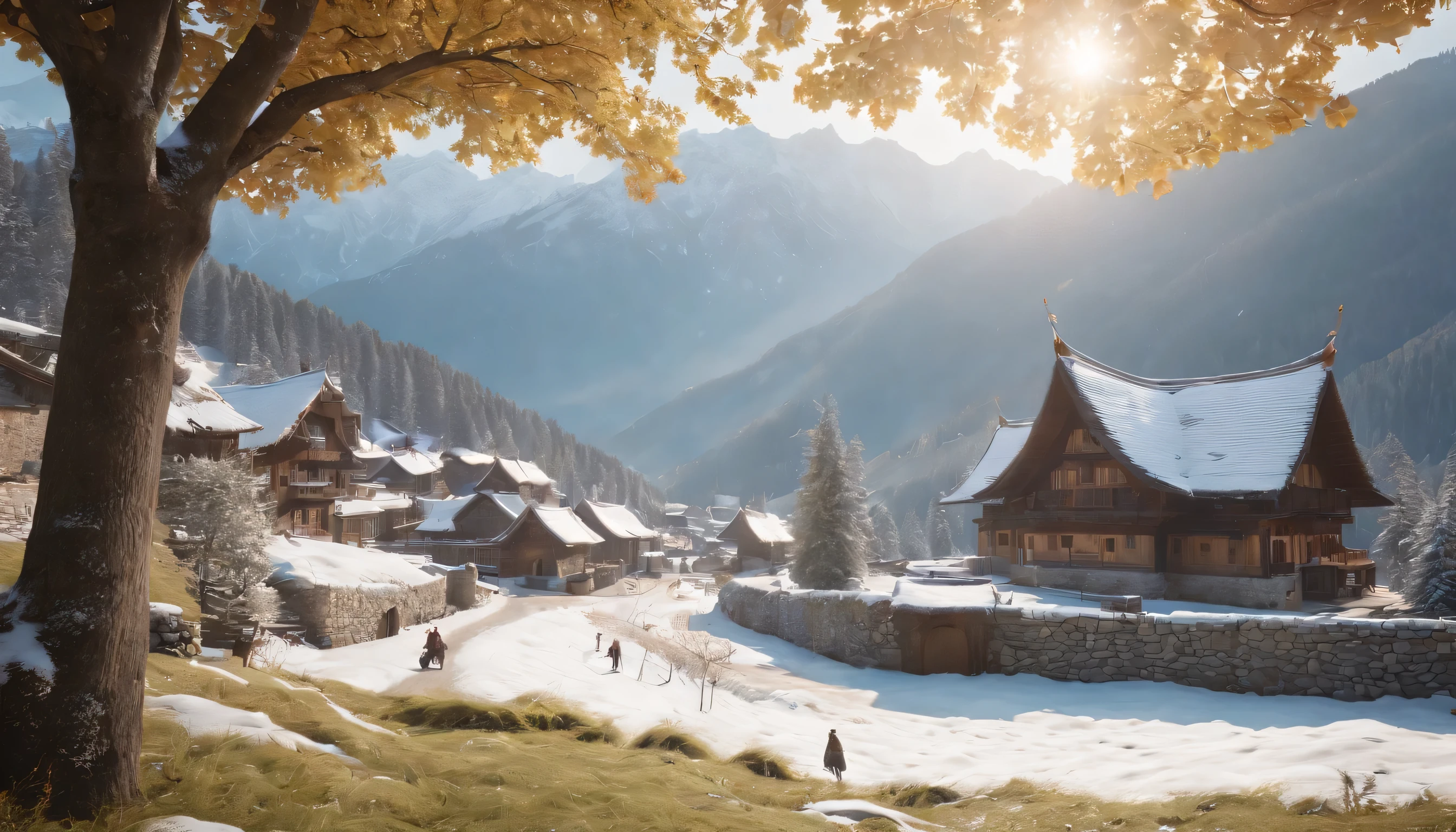 (Highly detailed CG Unity 8K wallpaper、masterpiece、highest quality、Super detailed)、(best lighting、best shadow、very delicate and beautiful)、highest quality、8K、Detailed facial depiction、masterpiece、highest quality、clear image quality、
Photo of a village landscape with snow-covered roofs and a chapel