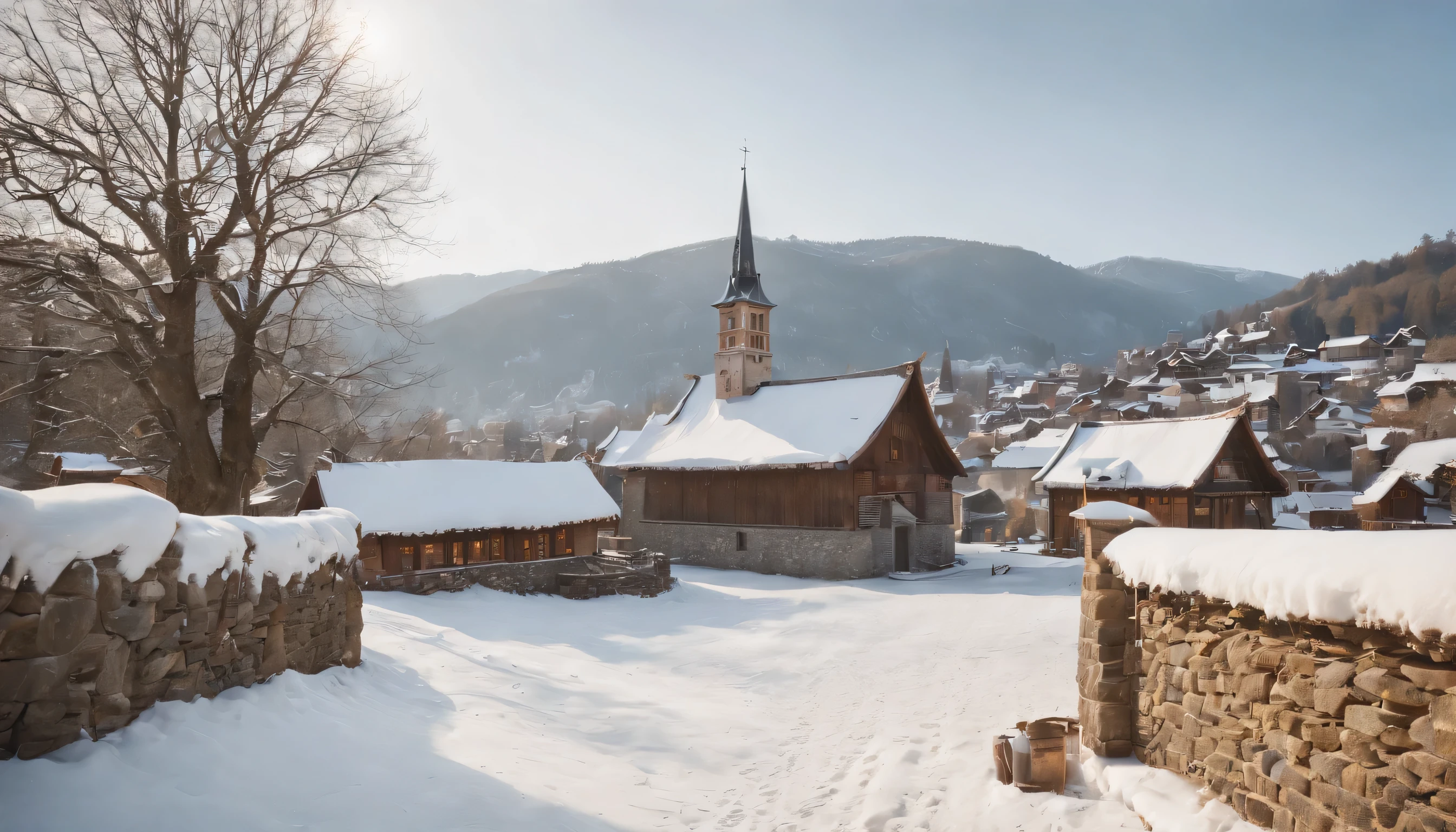 (Highly detailed CG Unity 8K wallpaper、masterpiece、highest quality、Super detailed)、(best lighting、best shadow、very delicate and beautiful)、highest quality、8K、Detailed facial depiction、masterpiece、highest quality、clear image quality、
Photo of a village landscape with snow-covered roofs and a chapel