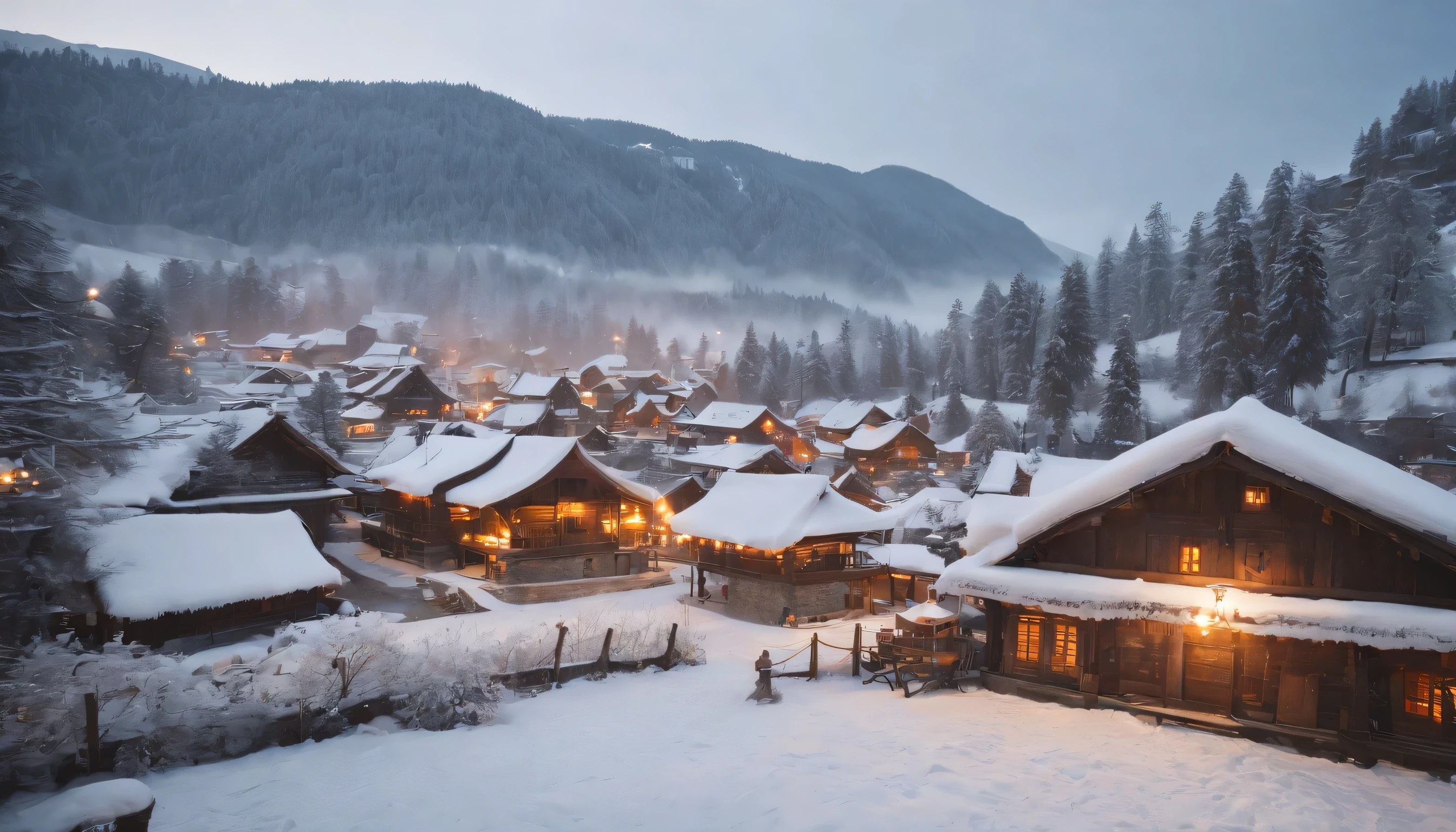 (Highly detailed CG Unity 8K wallpaper、masterpiece、highest quality、Super detailed)、(best lighting、best shadow、very delicate and beautiful)、highest quality、8K、Detailed facial depiction、masterpiece、highest quality、clear image quality、
Photo of a village landscape with snow-covered roofs and a chapel