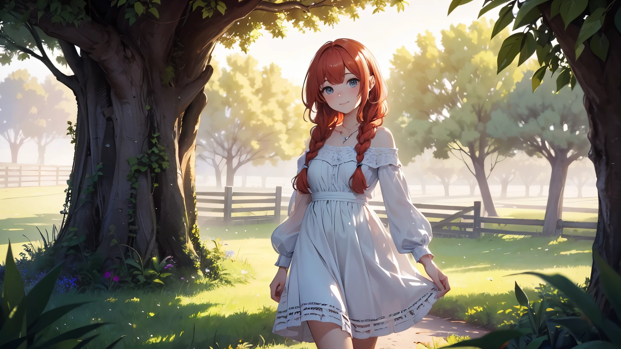 ((masterpiece,best quality,ultra detailed,ultra high res,detailed country yard background)), soft realistic focus, dynamic shadows, realistic image, vibrant colors,light leaks,dreamy atmosphere,chiaroscuro,BREAK
experimental charm, The girl is depicted in full growth, you see the girl from head to toe, nostalgic appeal, country girlfriend, she take you with yourself, simple open short dress, soft mischievous smile, freckles, shiny light red hair, she will take your hand, thick braids, She came for you, She invites you for a walk