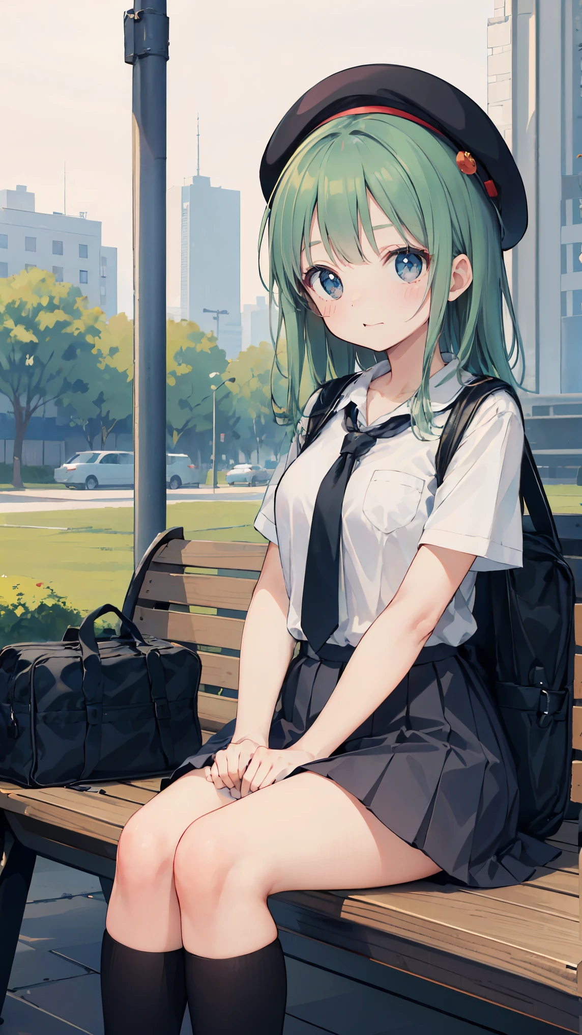 (masterpiece, highest quality), High resolution, detailed face:1.2, anime(1.2), sharpness, 4K, woman posing for a photo, Flustered face, upset, open your mouth, embarrassing, long hair, green hair, straight hair, fine skin, beautiful hands, Beautiful fingers, Wearing a beret, tie, Blouses with short sleeves, pleated skirt, school bag, thighs, Absolute area, knee socks, thighsに手を入れる, during the day, hot summer day, School, schoolyard, sitting on the bench, Canned juiceを持つ, natural lighting, sharp focus, hasselblad photography, cinematic lighting, whole body, Canned juice,