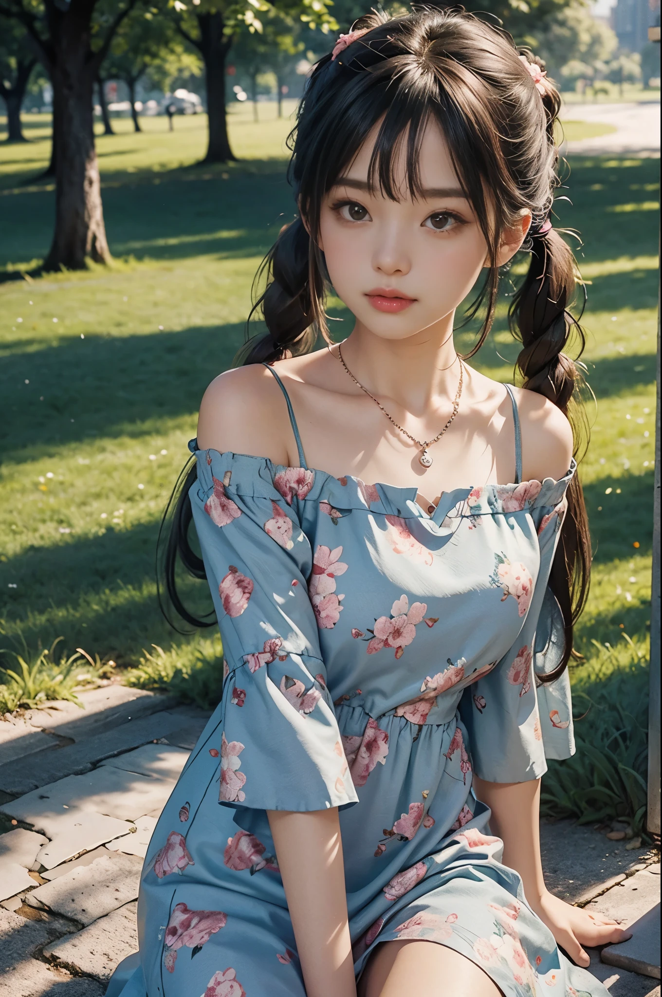 Pigtails, simple necklace, off shoulder dress with floral printed, in park, dusk