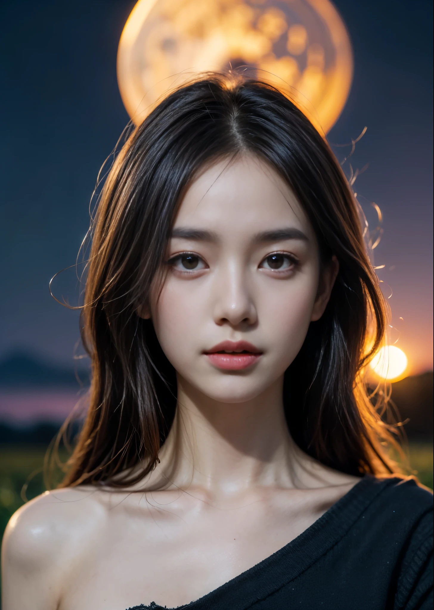 vast landscape photography，（Bottom view showing the sky above and open country below），A girl standing in a flower field and looking up，（Silvery Full Moon：1.4），（meteor：0.9），（star cloud：1.3），distant mountain，（warm light source：1.2），（glow worm：1.2），lots of purple and orange，intricate details，volume lighting，break realism（master piece： 1.2） ， （best quality）， 4K， super detailed， （Dynamic synthesis： 1.4）， very detailed， Colorful Detailed， （rainbow colors： 1.2）， （bright lighting， atmosphere lighting）， （solo： 1.2）)