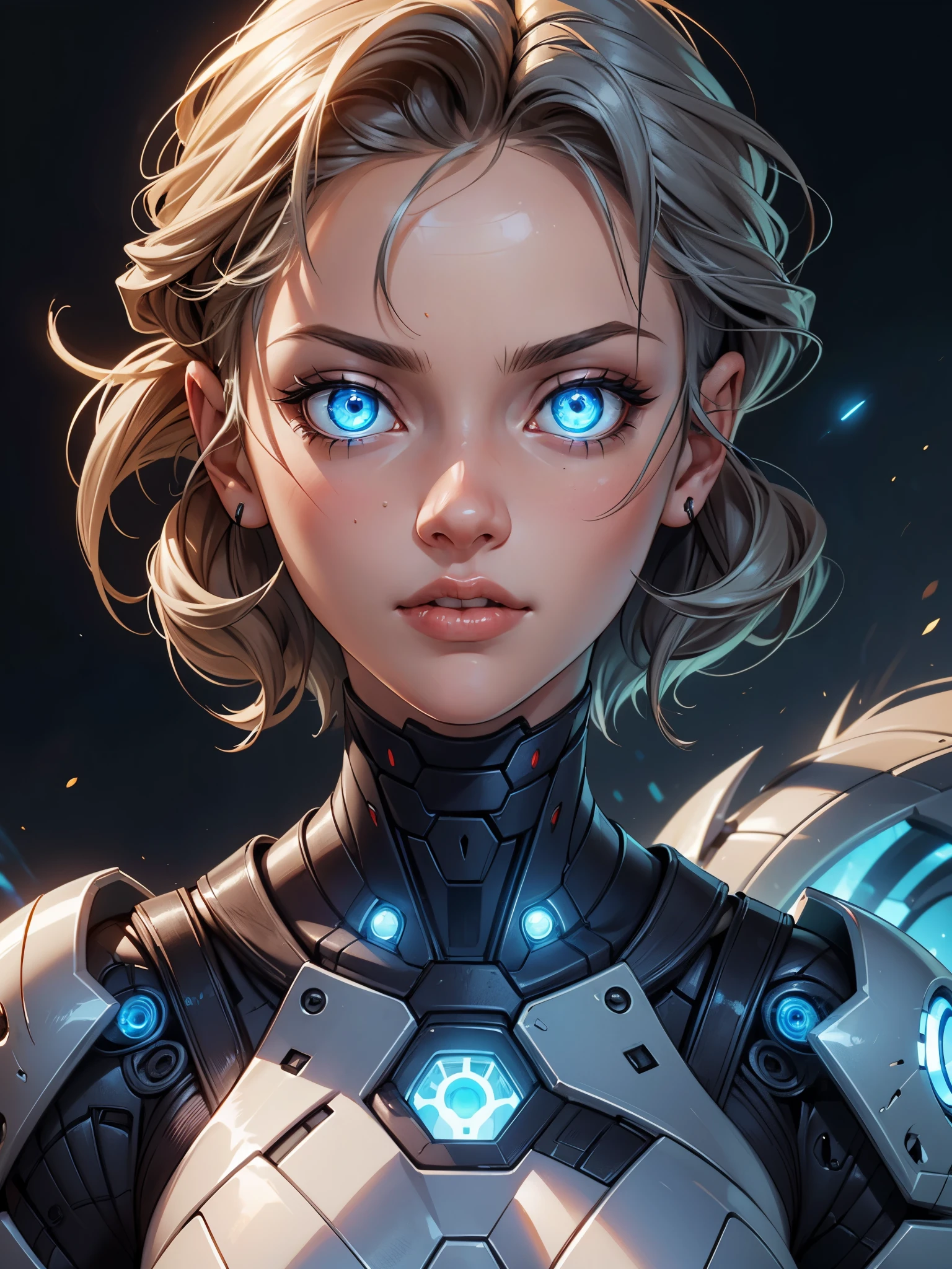 (masterpiece), (best quality), 1girl, detailed hair, cyborg girl, female warrior battle field, portrait, close-up shot, (blue glowing eyes), cyborg armor, white armor