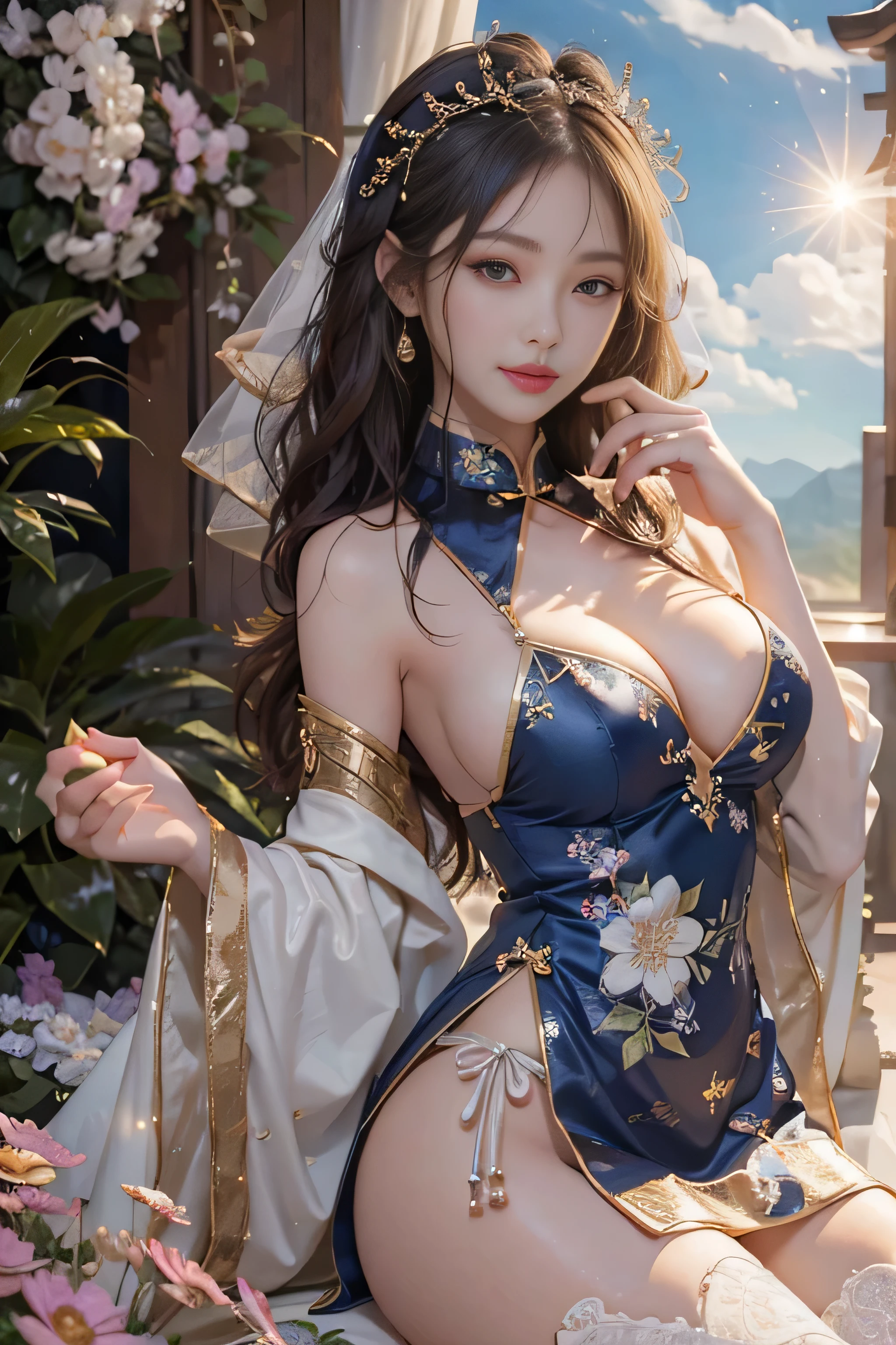 highest quality, masterpiece, (Highly detailed CG Unity 8K wallpaper), (Hand made:Guido Daniele: 1.1), anatomically correct, perfect hands, perfect fingers, detailed background, beautiful girl, Illuminated by the sun'light, picture perfect face, ((perfect female body)), beautiful expression, beautiful face, attractive appearance, delicate skin details, beautiful eyes, 18-year-old, innocent smile, big smile, Korean woman wearing a revealing and erotic Chinese dress, beautiful korean woman, korean female fashion model, korean model, cheongsam clothing, Sensational costumes, Cleavage is exposed, Make your nipples erect under your clothes, There is a deep slit on the side of the dress.., beautiful feet, Lifting the hem of the dress, Lace panties are visible, camel toe, garden, blue sky, Cumulonimbus cloud, shining sun, panty shot, look at the audience, Illuminated by the sun'light, realistic, written boundary depth