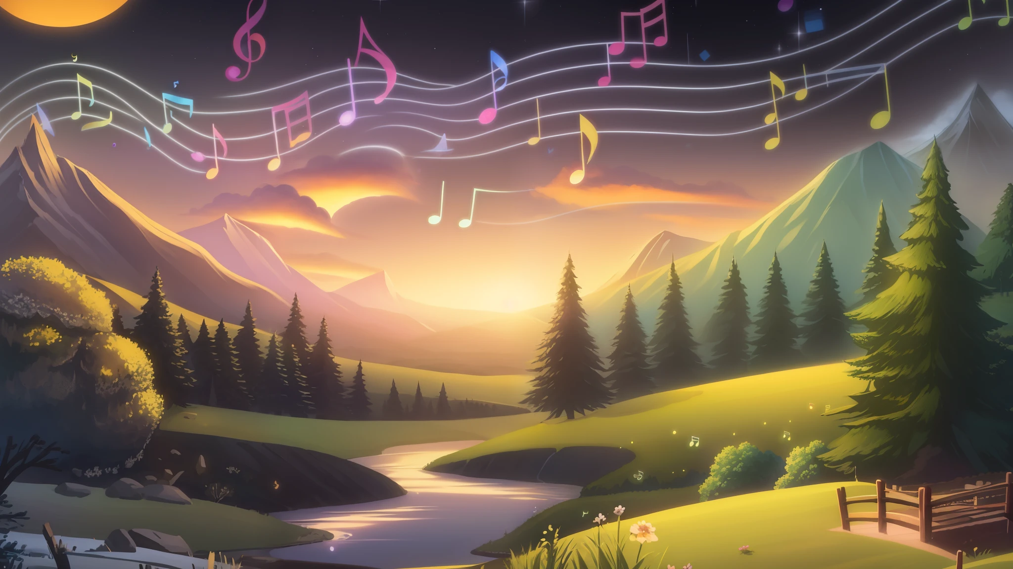 Cartoon illustration of beautiful mountain landscape with river and musical notes, background artwork, magical landscape, landscape artwork, dream scenery art, peaceful scenery, peaceful environment, quirky fantasy landscape art, music in the air, blissful landscape, Beautiful art UHD 4K, amazing background, background art, peaceful atmosphere, peaceful atmosphere, dreamlike landscape, dreamy scene