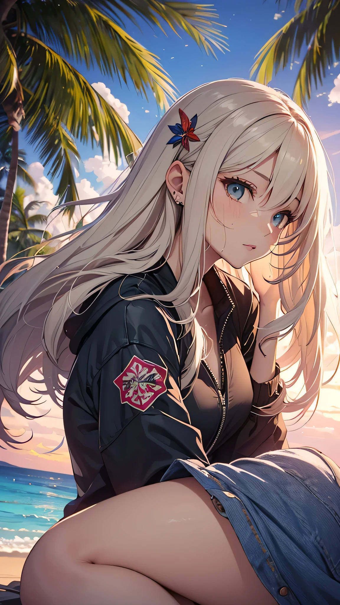 最high quality、best image quality、masterpiece、teenage girl((18-year-old、 By becoming、vest bust、medium bust,wide open breast tea、black eye, blonde hair、Habitual hair、long hair、thin,highest valley、blue shorts、attractive face、heart tattoo、black aloha shirt、physical education sitting、sweating、like、Stay close to your audience、leaning forward)),high quality、beautiful art、background((Hawaii、Waikiki、Palm tree、beach、sunset))debris flies、Depth of written boundary、movie、visual art、perfect art、8K,genuine
