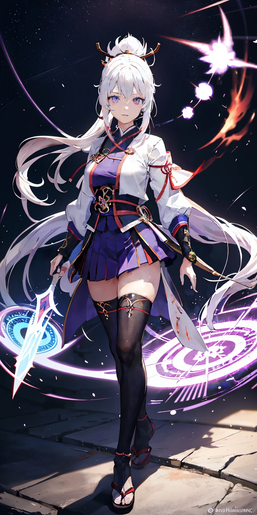 1girl, japanese clothes, ponytail ,white hair, purple eyes, magic circle, blue fire, blue flames, wallpaper, landscape, blood, blood splatter, depth of field, night, light particles, light rays, sidelighting, thighs, fate \(series\), genshin impact, ****, open jacket, skirt, thighhighs, cloud